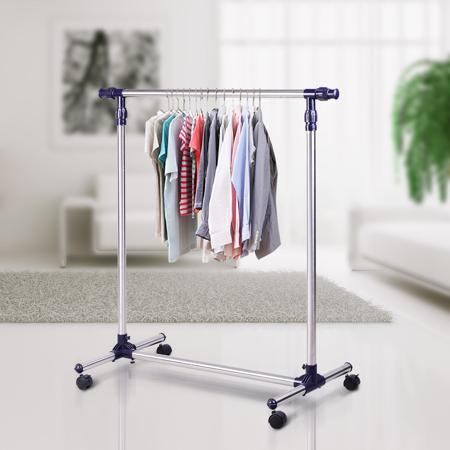 Garderobenständer Kleiderständer mit Rollen Höhenverstellbare und Ausziehbare Kleiderstange Wäscheständer Freistehender Garderobe für Eingangsbereich Edelstahl 86 x 45 x 95 cm