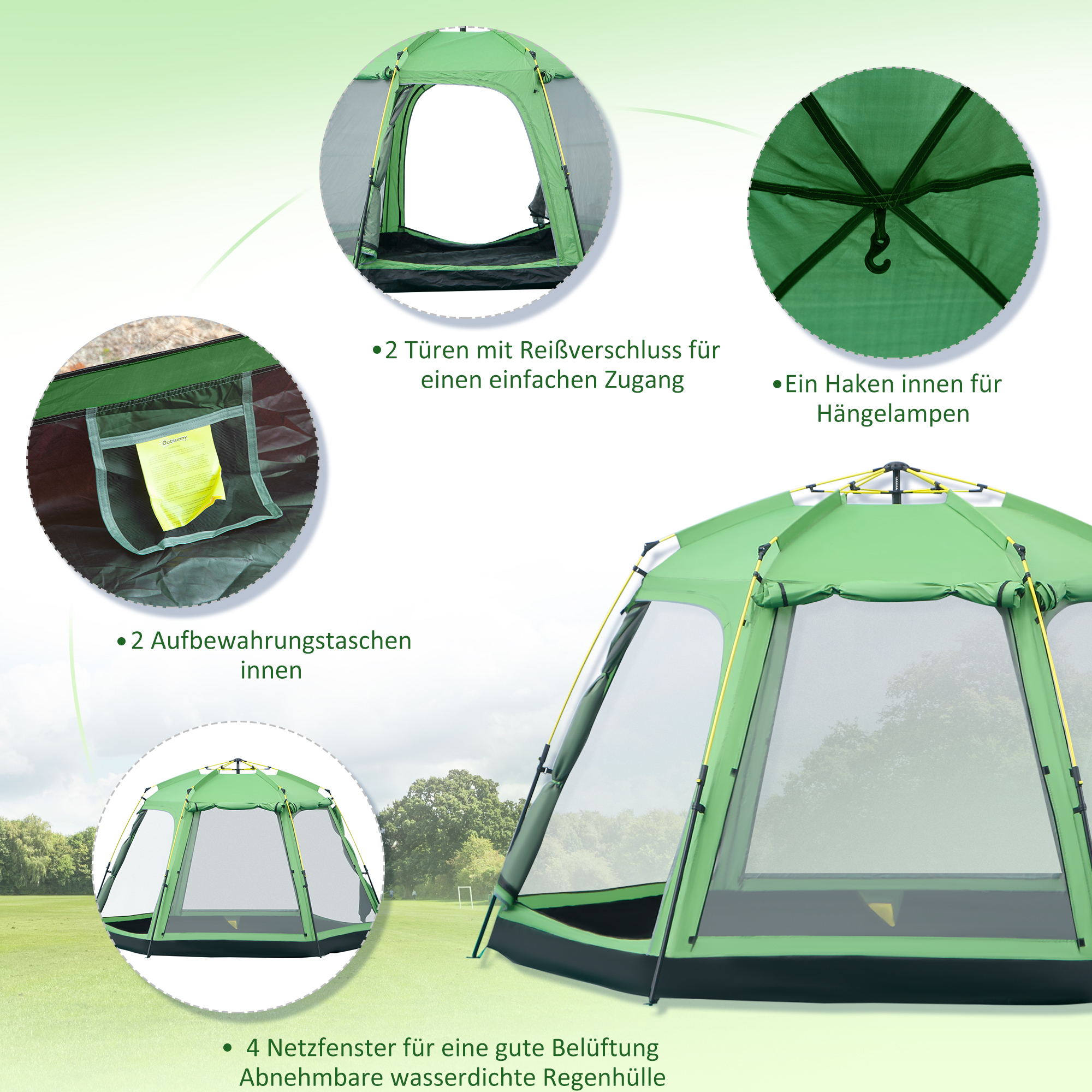 Camping Zelt 6 Personen Zelt Familienzelt Kuppelzelt Kunstleder2000mm einfache Einrichtung für Familien Trekking Festival Stahl Glasfaser Grün 320 x 320 x 180 cm