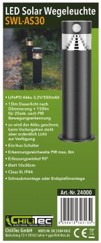 LED Solar Wegeleuchte "SWL-AS30" / IP44, warmweiß 3000K, PIR Sensor, 30cm