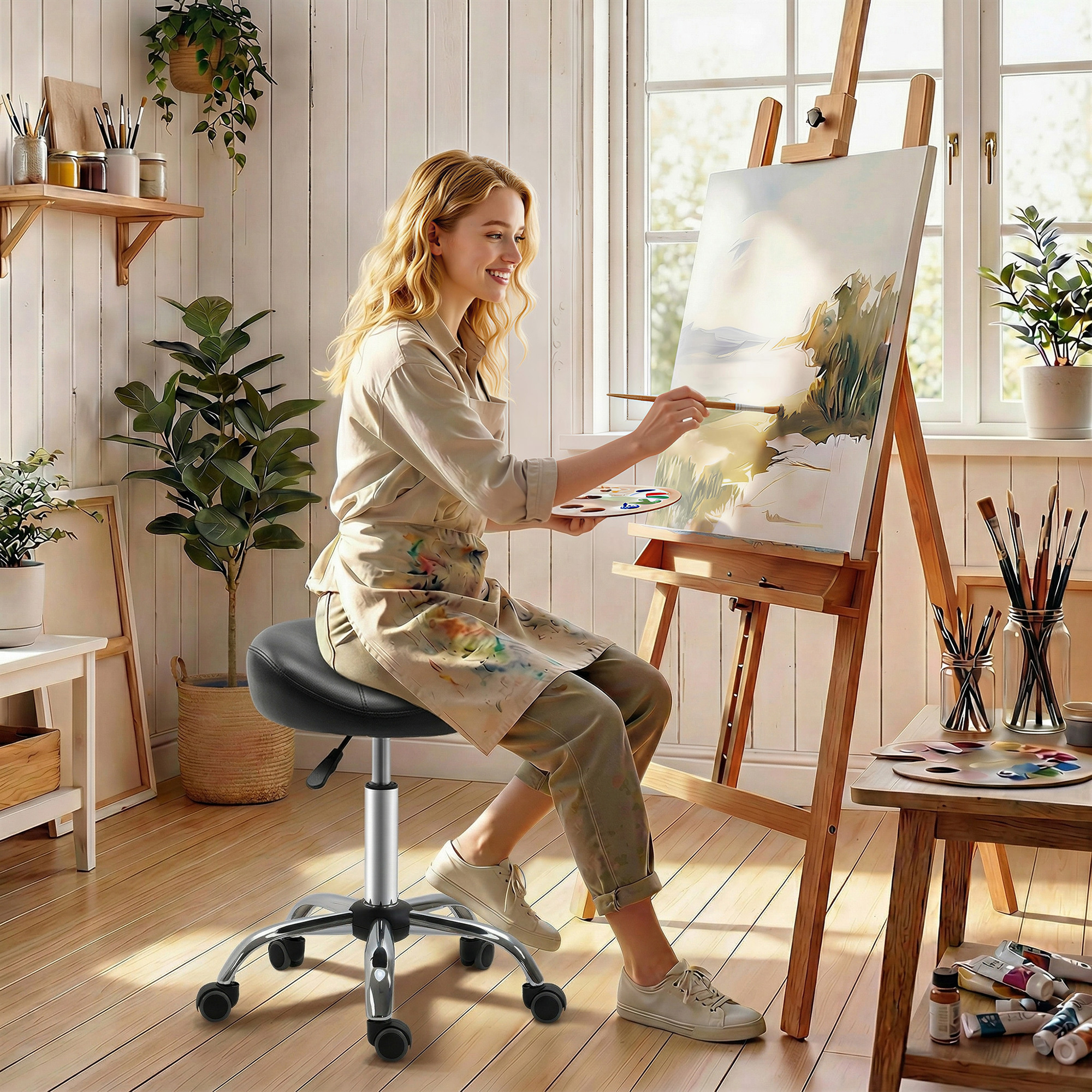 Salonhocker mit Sattelsitz, höhenverstellbar, Kunstleder, 48x48x54-69cm, Schwarz