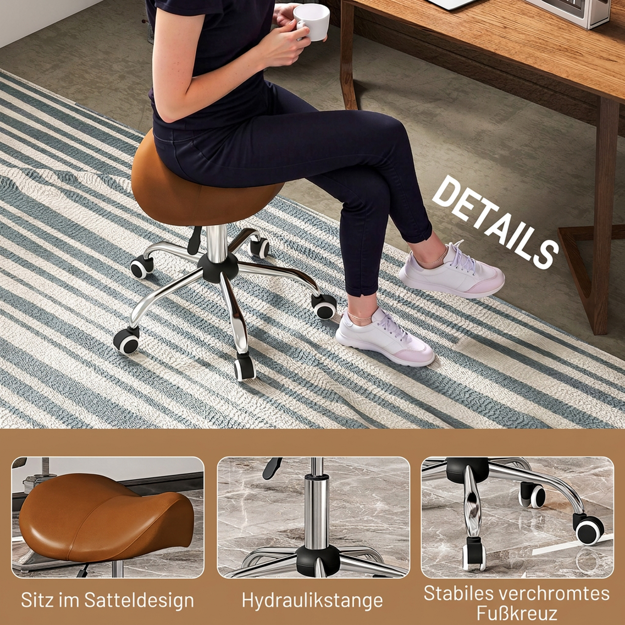 Rollhocker höhenverstellbar Drehhocker 49-61 cm Arbeitshocker drehbar Sattelhocker für Büro Salon Massage Spa Braun