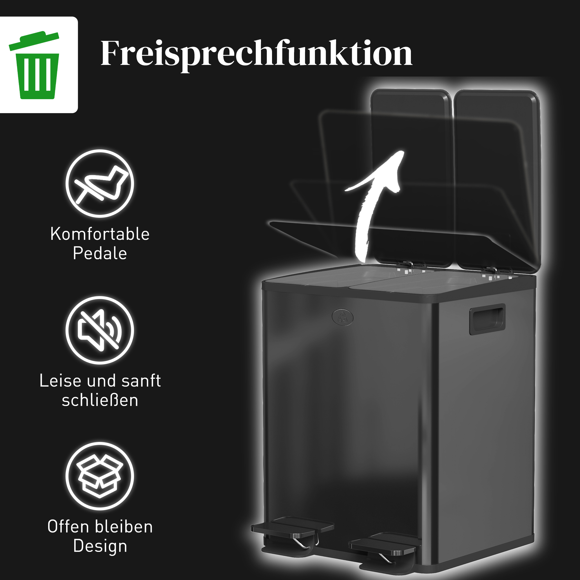 2 x 20l Doppelmülleimer, Pedalöffnung, leicht zu reinigen, Edelstahl, Kunststoff, Schwarz
