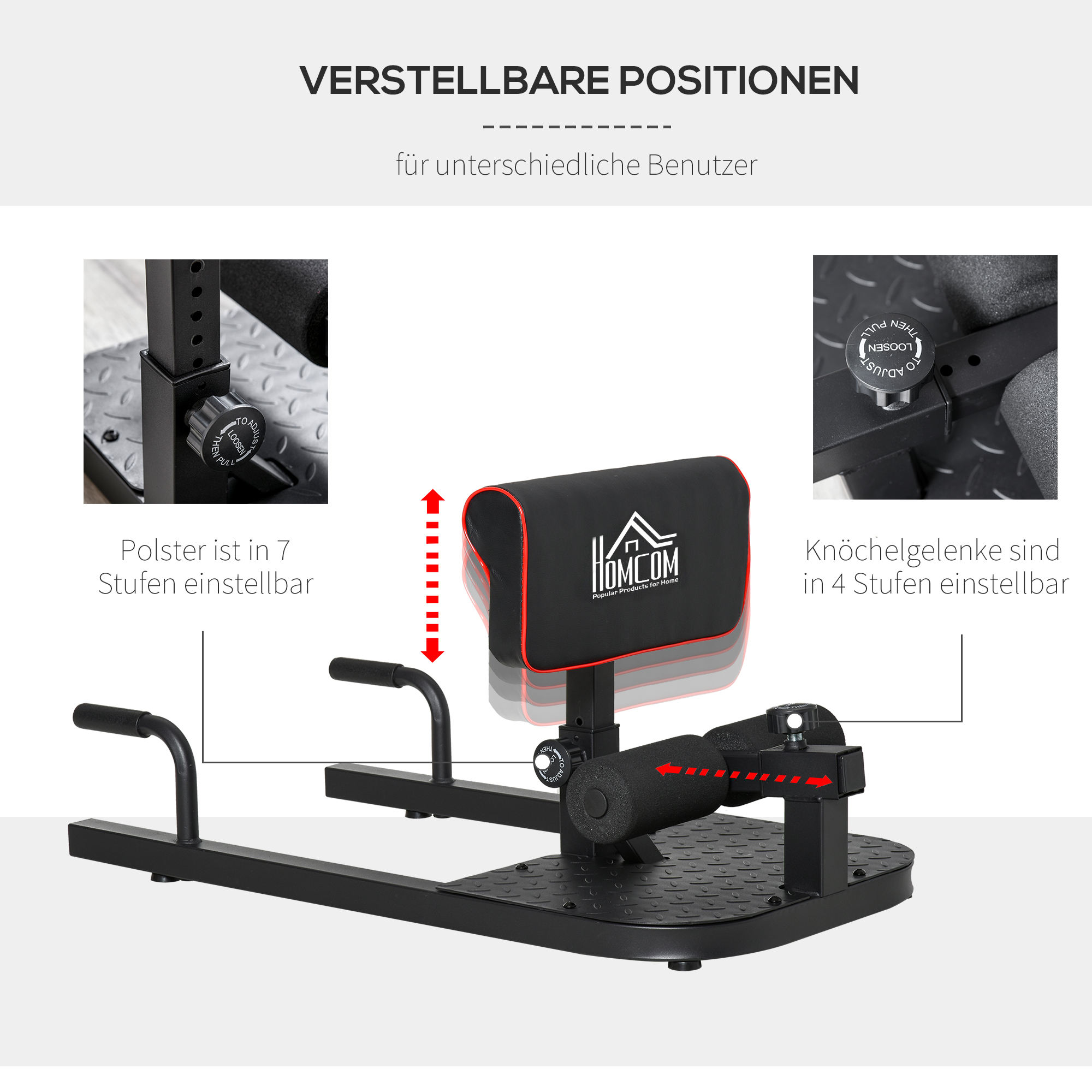Sissy Squat Kniebeugentrainer Beintrainer Bauch-Gesäß-Trainer 3 in 1 Trainer verstellbar bis 120 kg Stahl Schwarz 50 x 97 x (44,5-56,5) cm