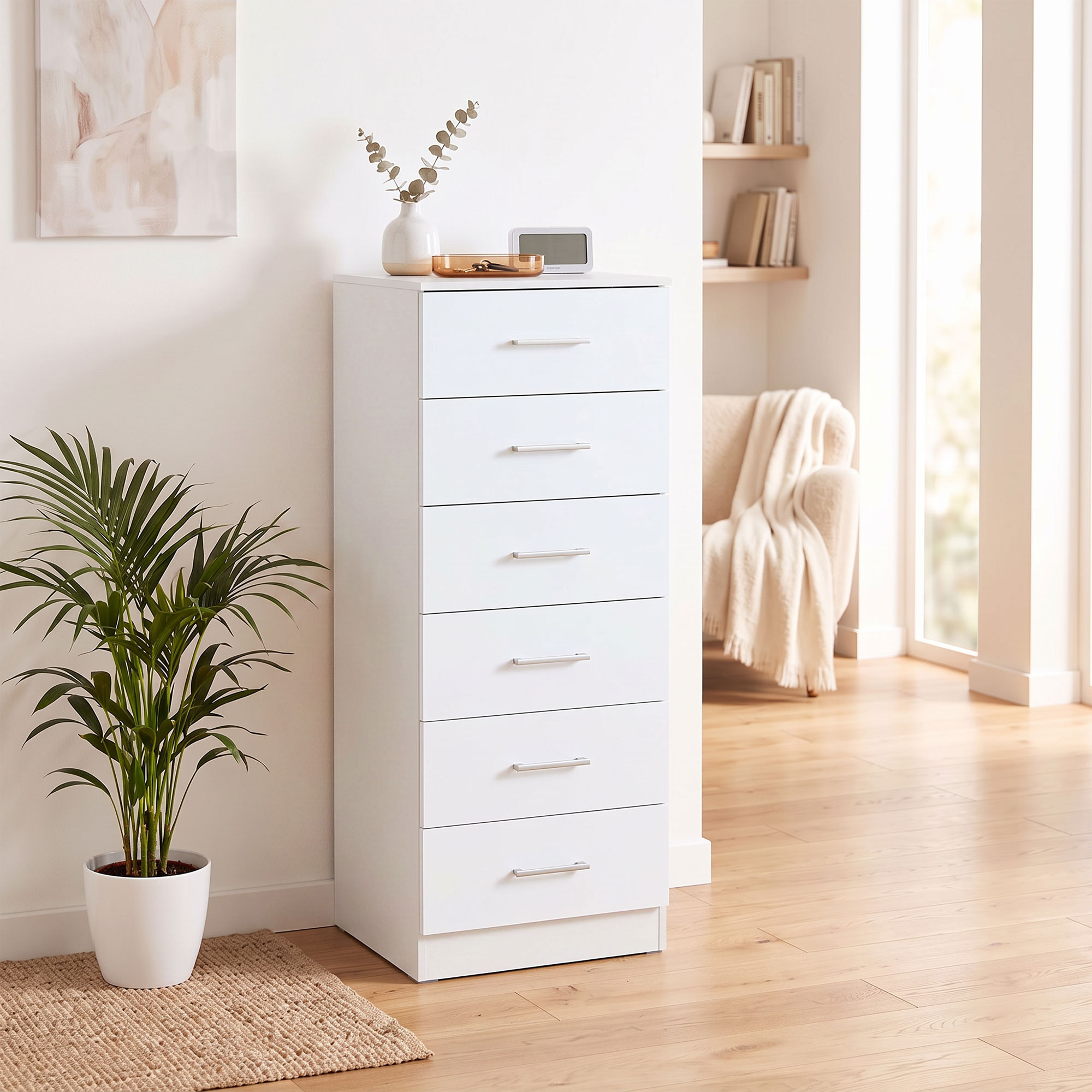 Kommode mit 6 Schubladen, moderne Schlafzimmerkommode, Aufbewahrungsschrank, 40 x 40 x 110 cm, Weiß in Holzoptik
