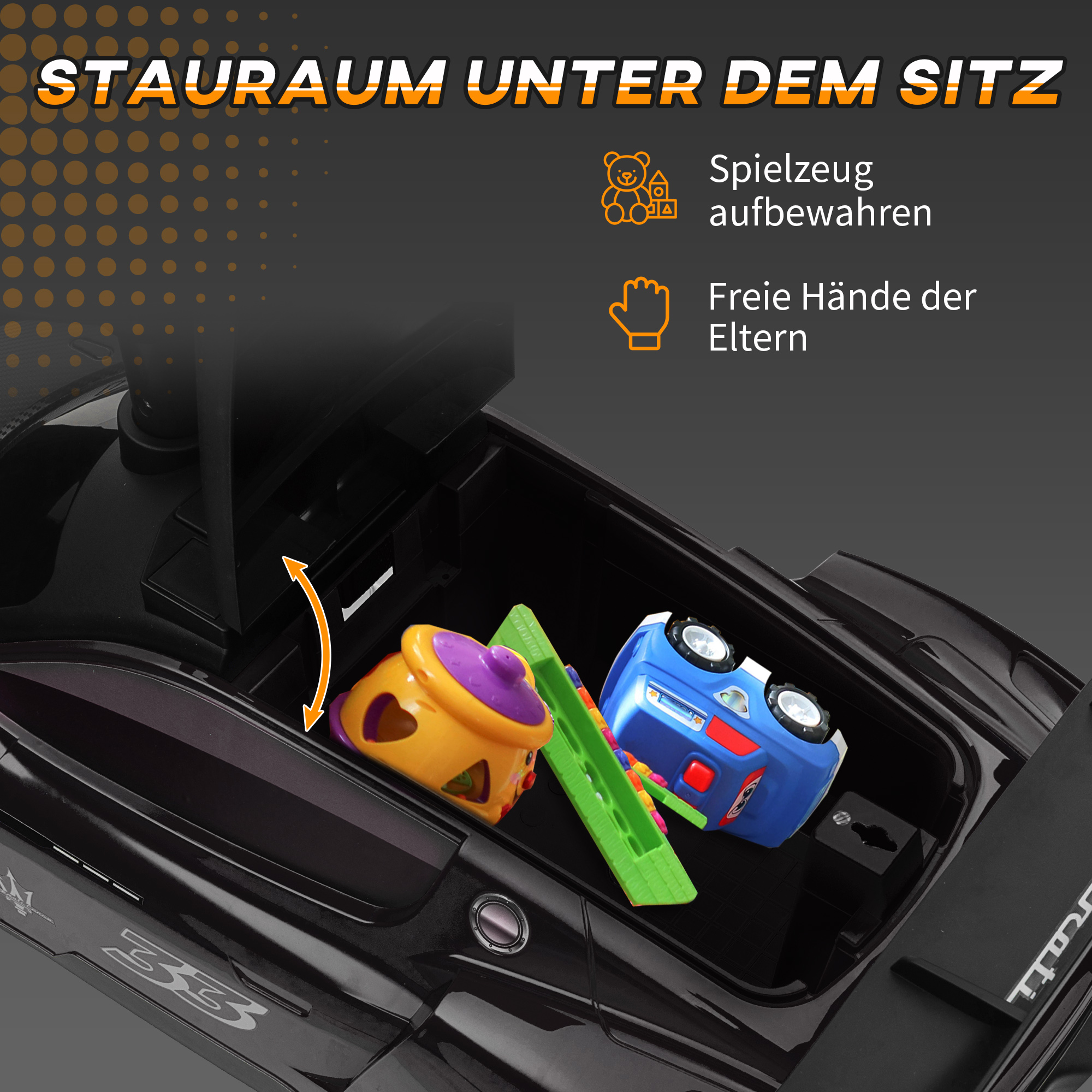 Rutschauto, Maserati, Stauraum, Hupe & Musik, Flüsterreifen, für 1,5 bis 5 Jahre, bis 25 kg, Schwarz