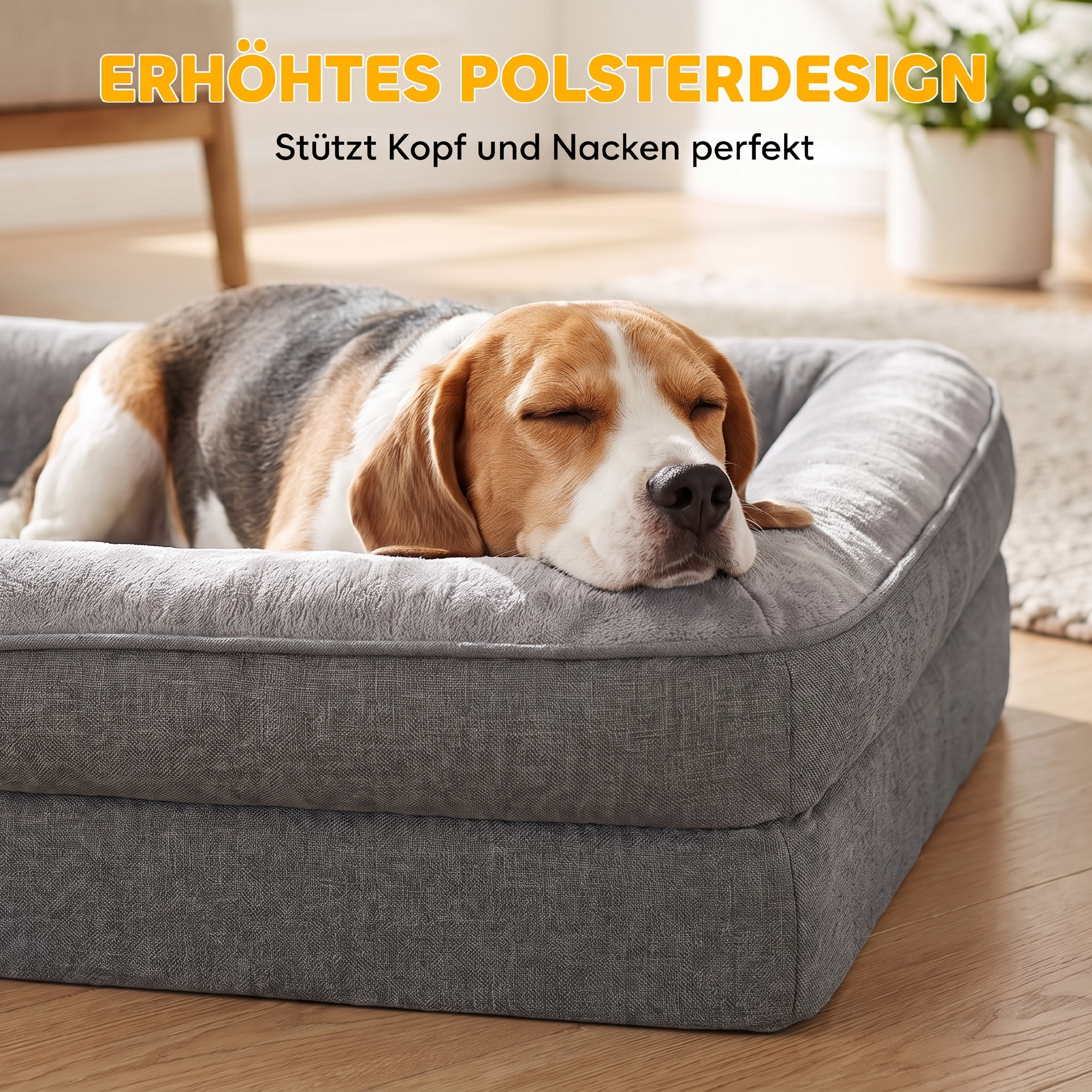 Hundebett mit Erhöhte Ränder rutschfester Unterseite Leinenoptik Waschbar Hundekissen spritzwasserabweisend 91x68x16cm