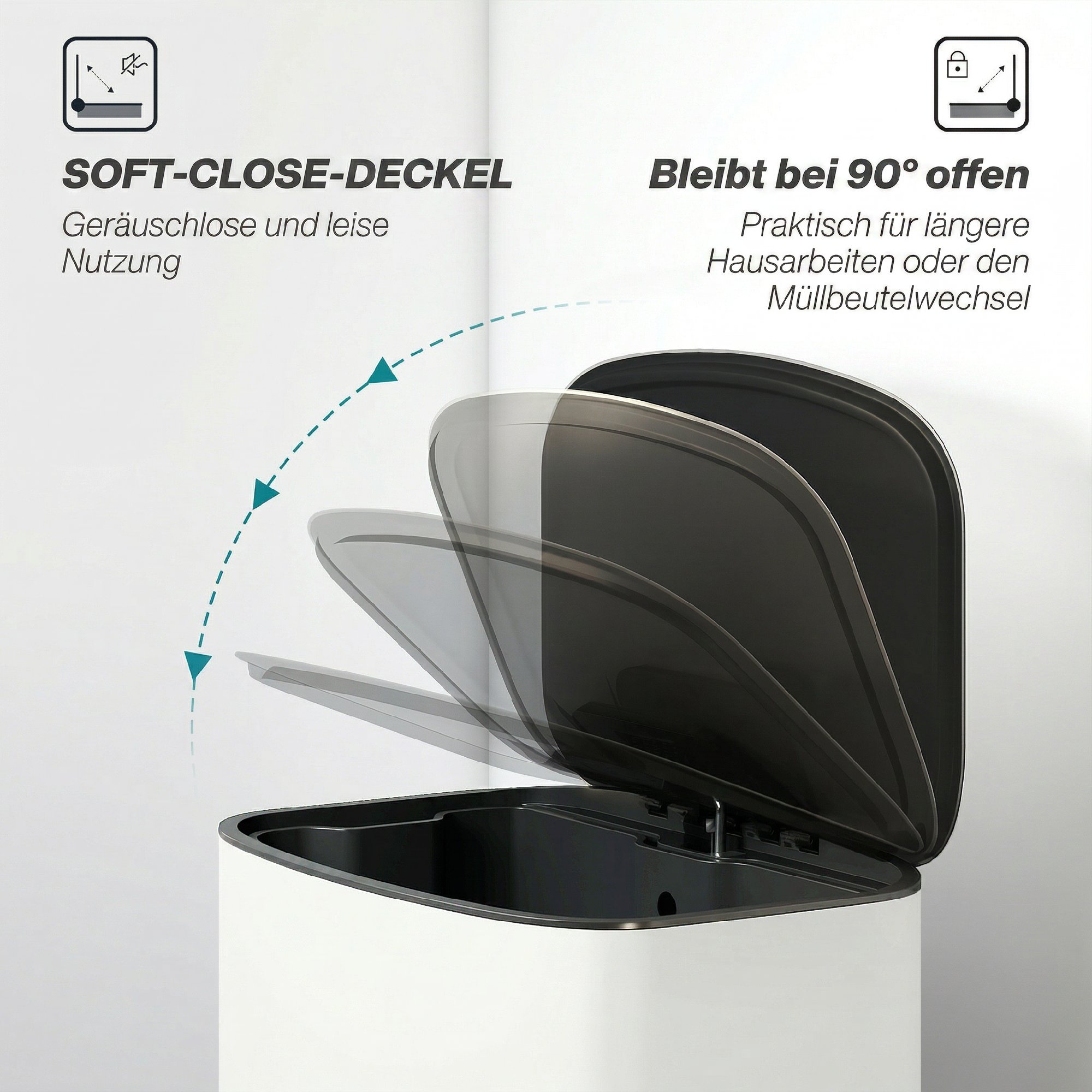 Mülleimer Küche 50 Liter Treteimer mit Bleib-Offen-Funktion, Soft-Close-Deckel, Pedal, Cremeweiß