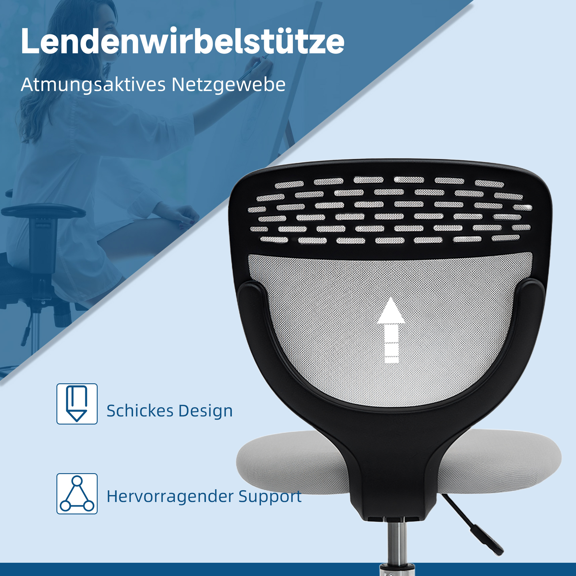 Bürostuhl, Arbeitsstuhl, Schreibtischstuhl, höhenverstellbar, gepolstert, Hellgrau