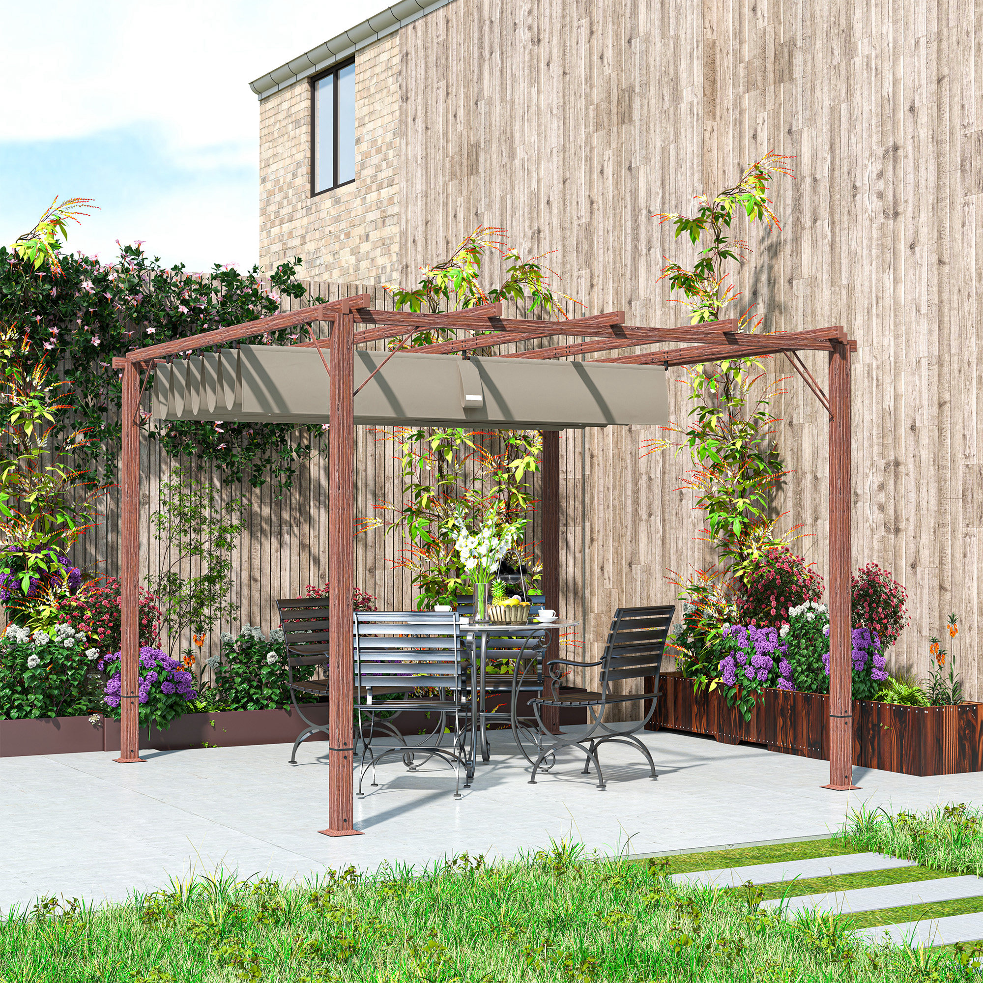 3 x 3 m Garten-Pergola, Verstellbares Terrassendach, Aluminium-Rahmen, UPF30+ Sonnenschutz, Naturholz