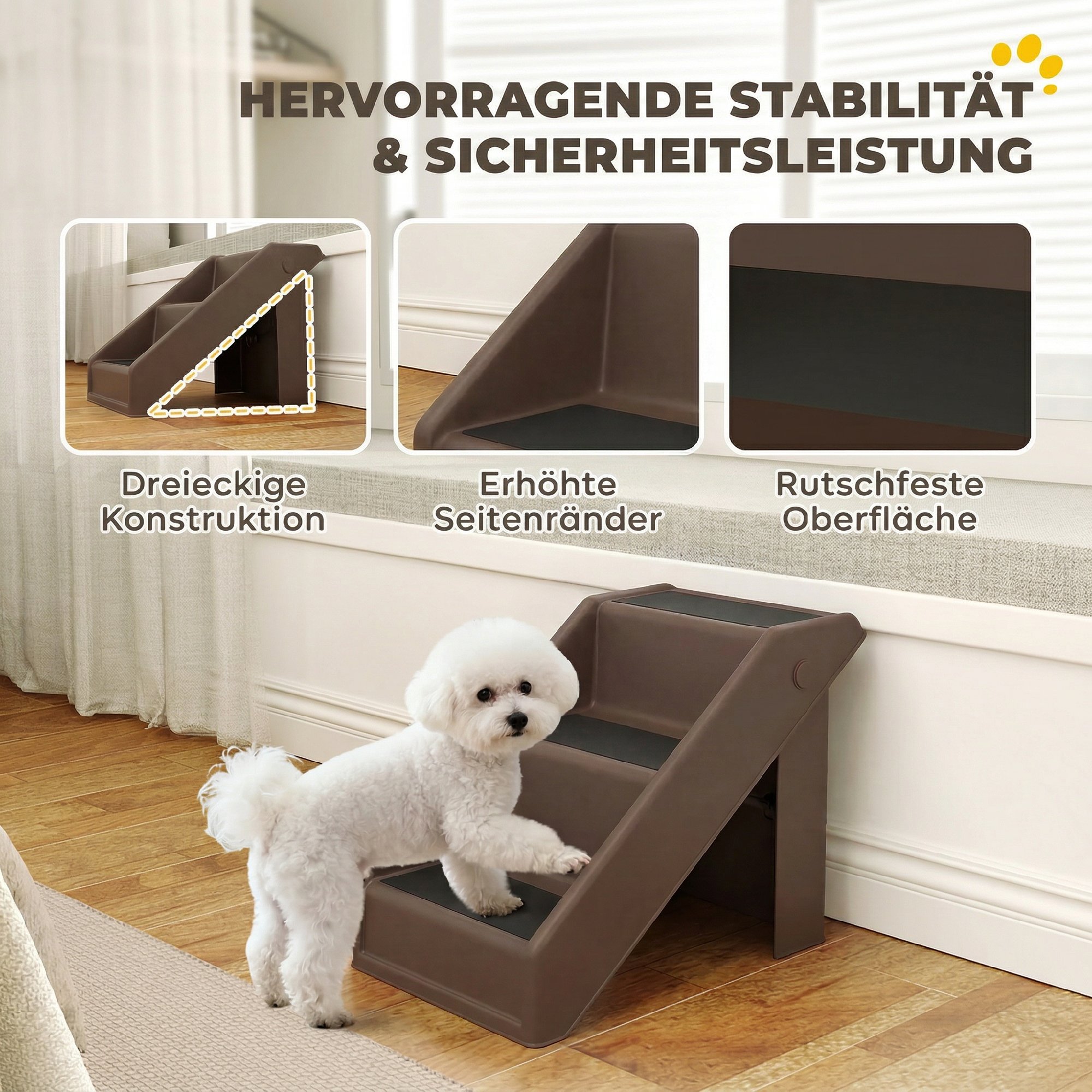 Hundetreppe 3 Stufen 36,5 cm Hoch Haustiertreppe für Kleine Hunde klappbar für Bett, Sofa, Couch Auto Braun