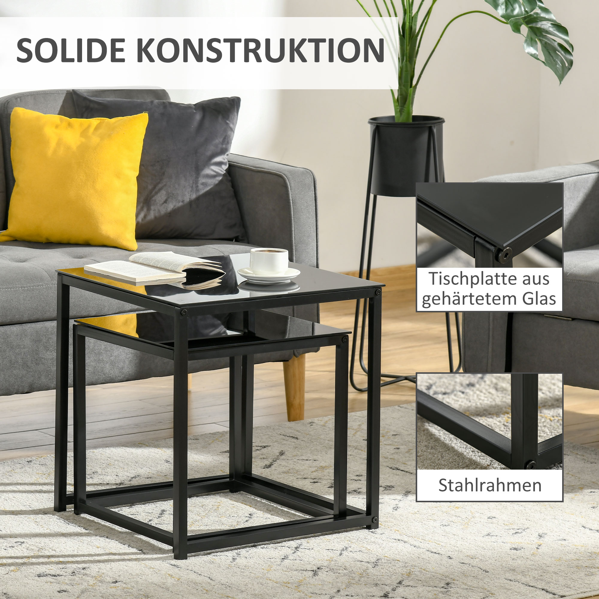 2er-Set Beistelltische, modernes Design, stapelbar, Glastisch, Schwarz