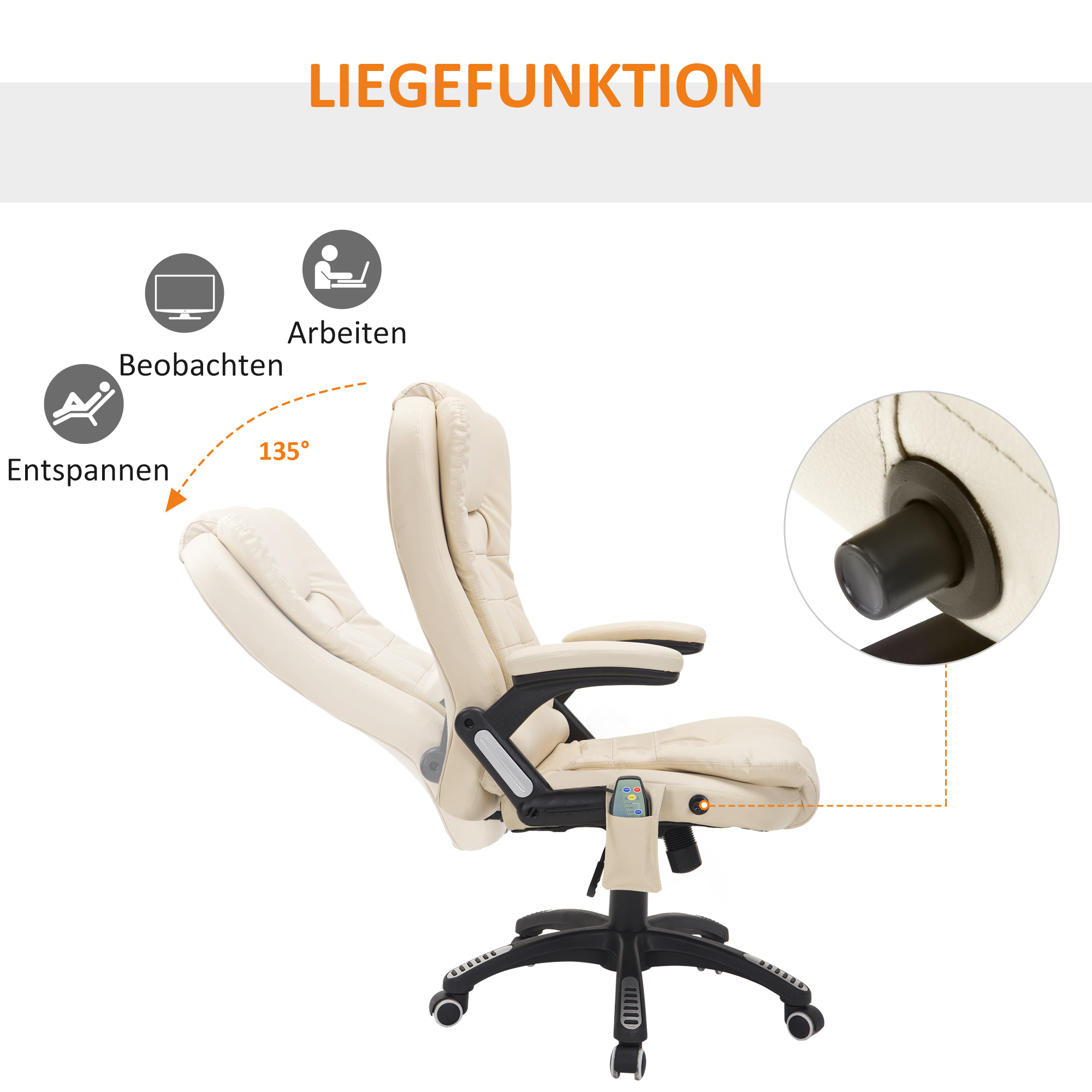 Bürostuhl mit Massagefunktion, Wärmefunktion, höhenverstellbar, Kippfunktion, Massage-Bürostuhl, Cremeweiß + Schwarz