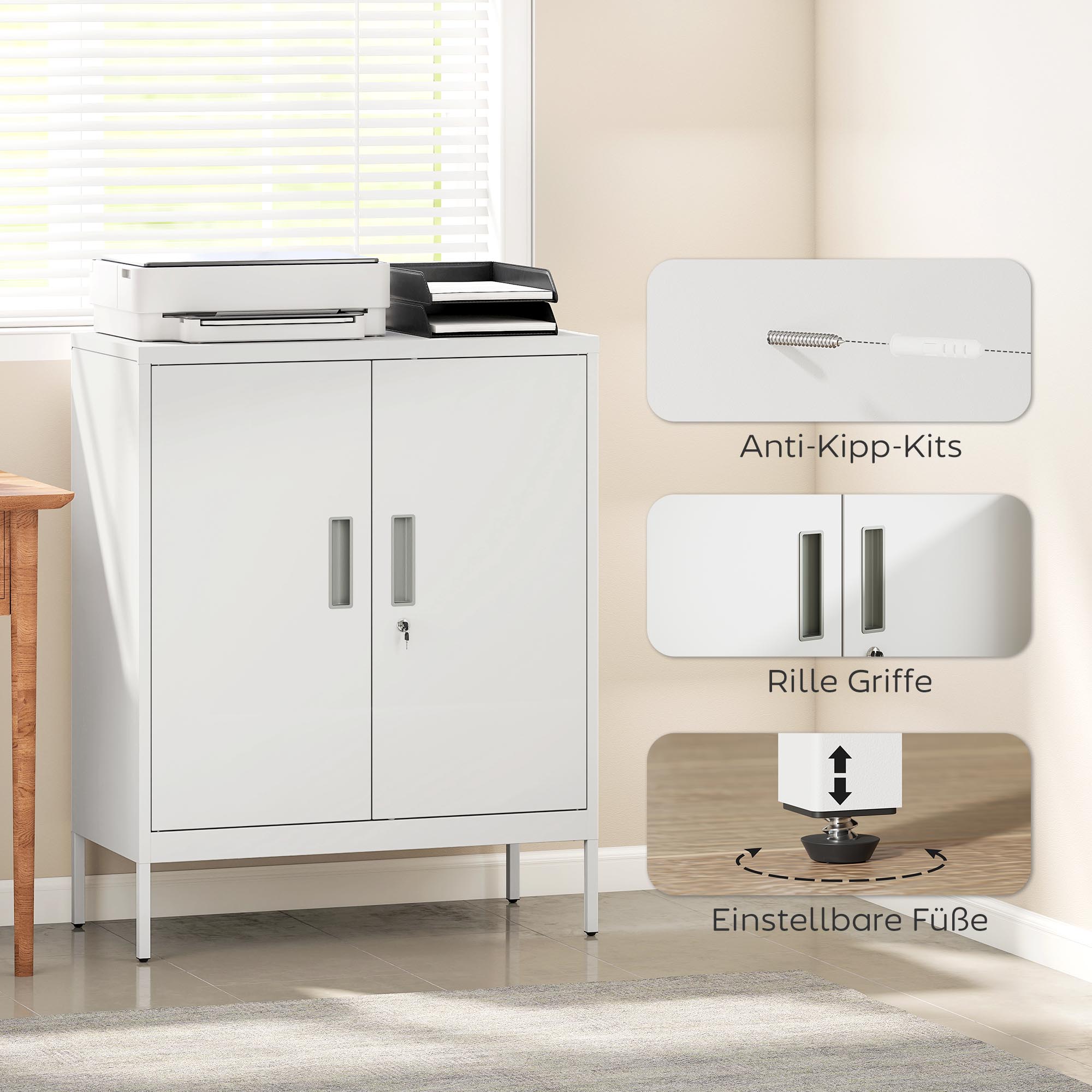 Verschließbarer Stahlschrank mit 2 Türen, Büroschrank, verstellbare Regale, für Homeoffice, Wohnzimmer, Garage, Weiß