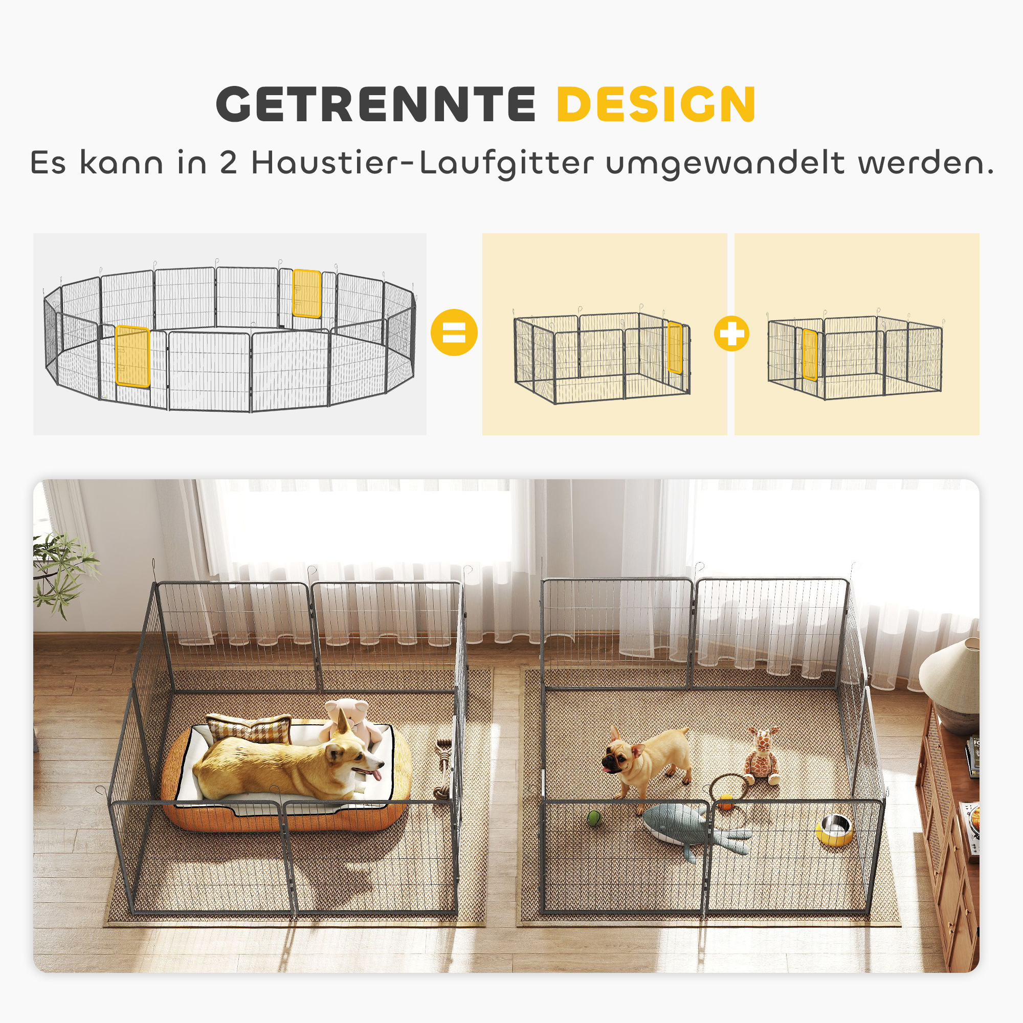Welpenlaufstall, 16-teilig Welpenauslauf faltbar mit Tür für kleine, mittlere Hunde, 3,2 x 3,2 x 0,8 m, Grau