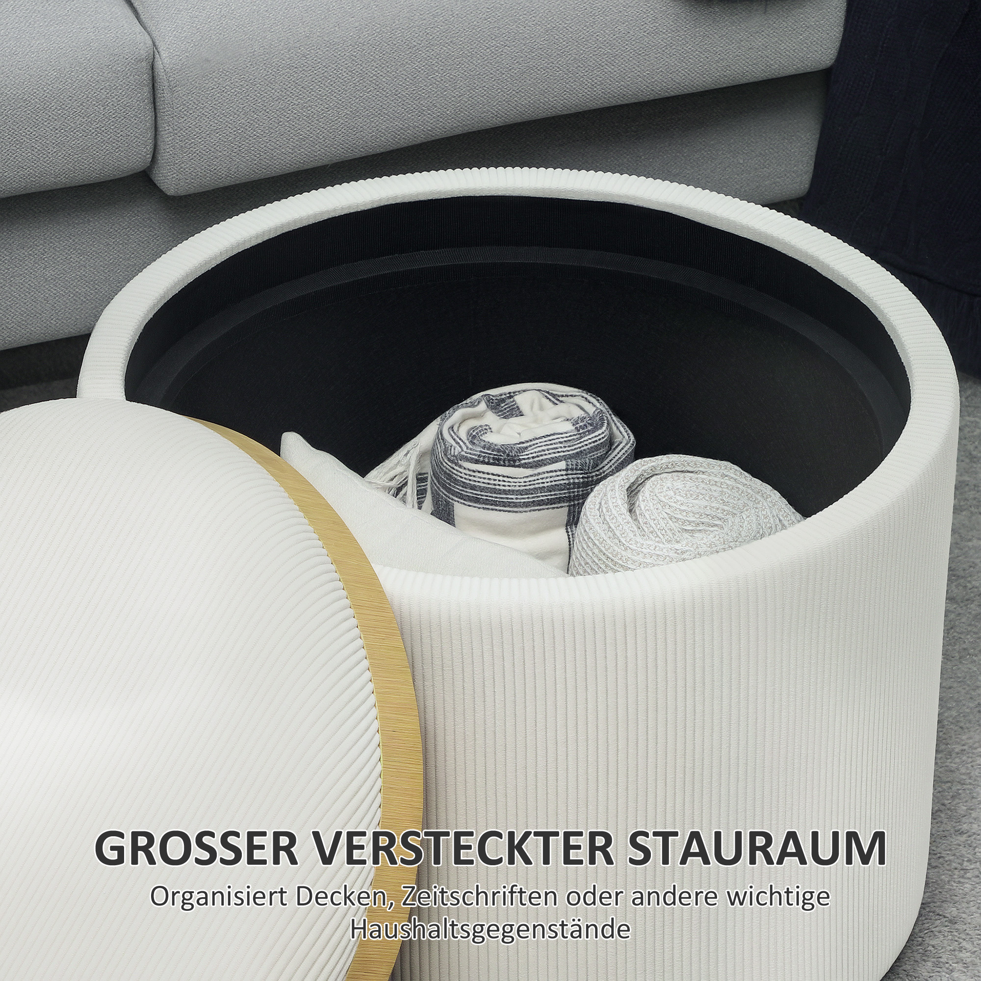 Aufbewahrungshocker mit Stauraum, rund, Fußstütze, Cordstoff, MDf, Cremeweiß