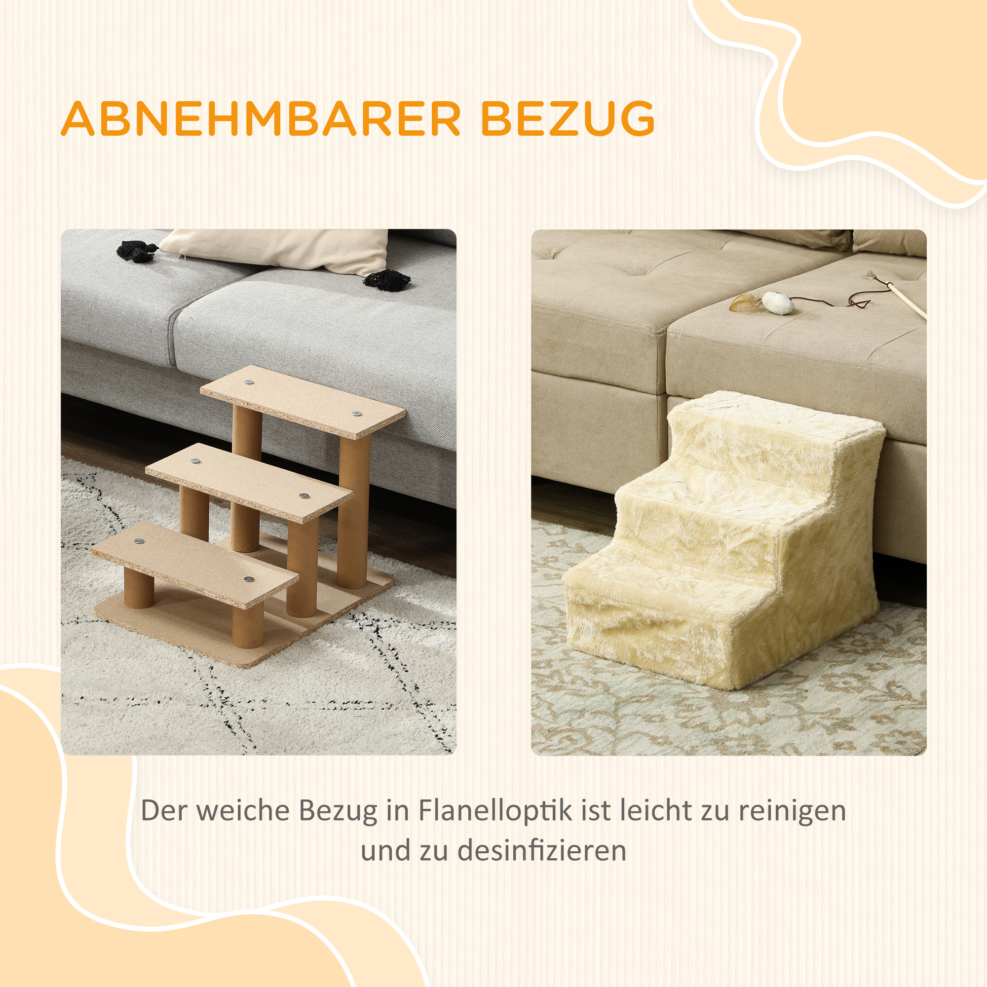 faltbare Haustiertreppe, 3 Stufen, waschbarer Plüschbezug, Spanplatte, 46 x 35 x 35 cm, Beige