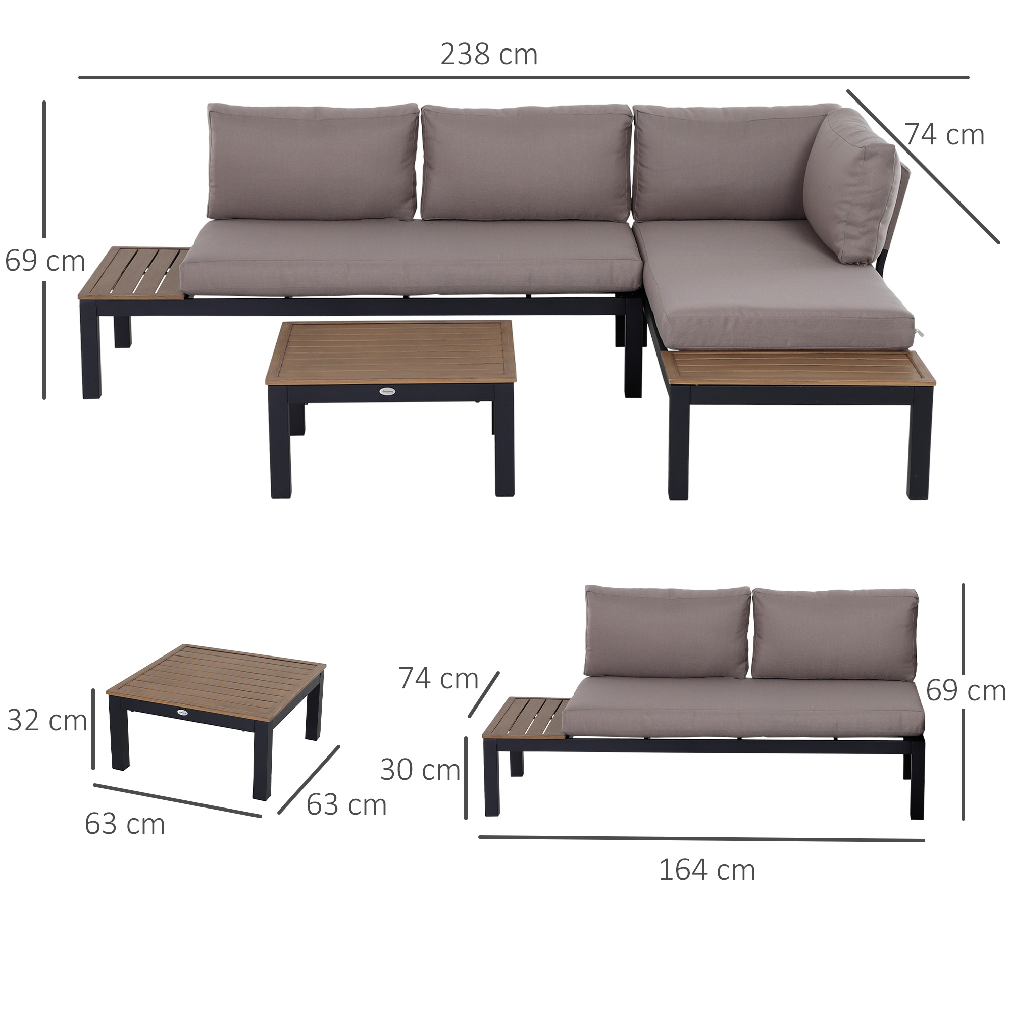 Gartenmöbel-Set für 3 Personen mit Beistelltisch, Sofa mit Kissen, Outdoor, Aluminium, 164 x 74 x 69 cm