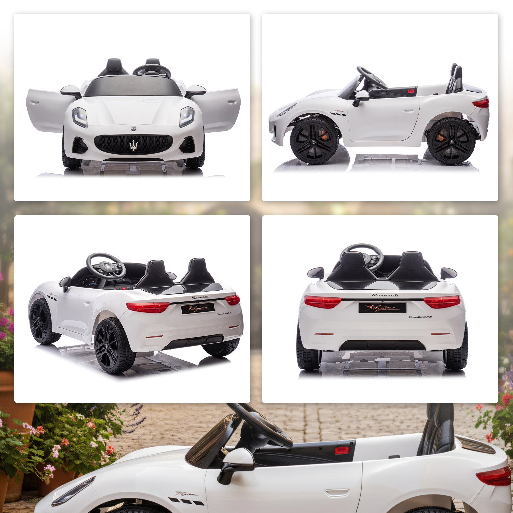 Maserati Elektroauto für Kinder, 2-Sitzer, 12V Batteriebetrieb, Fernbedienung, LED-Lichter, Musikfunktion, Weiß
