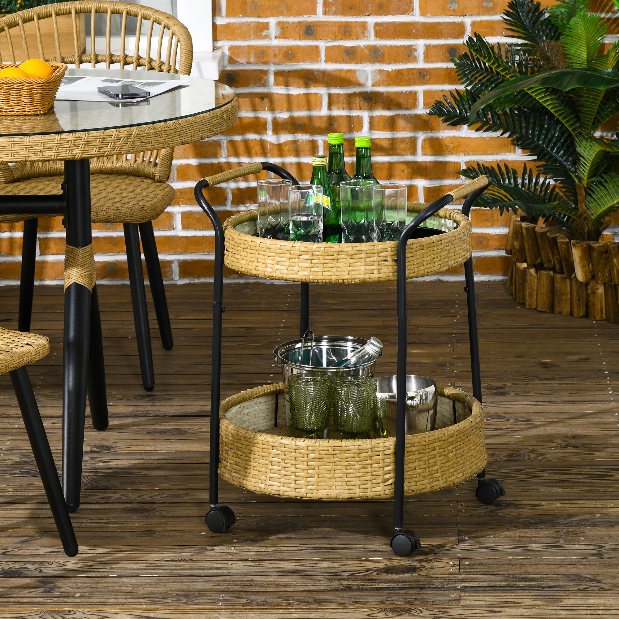 Outdoor Servierwagen, 2 Etagen, Bremsen, Polyrattan, Metallrahmen, ?50 x 66H cm, Gelb