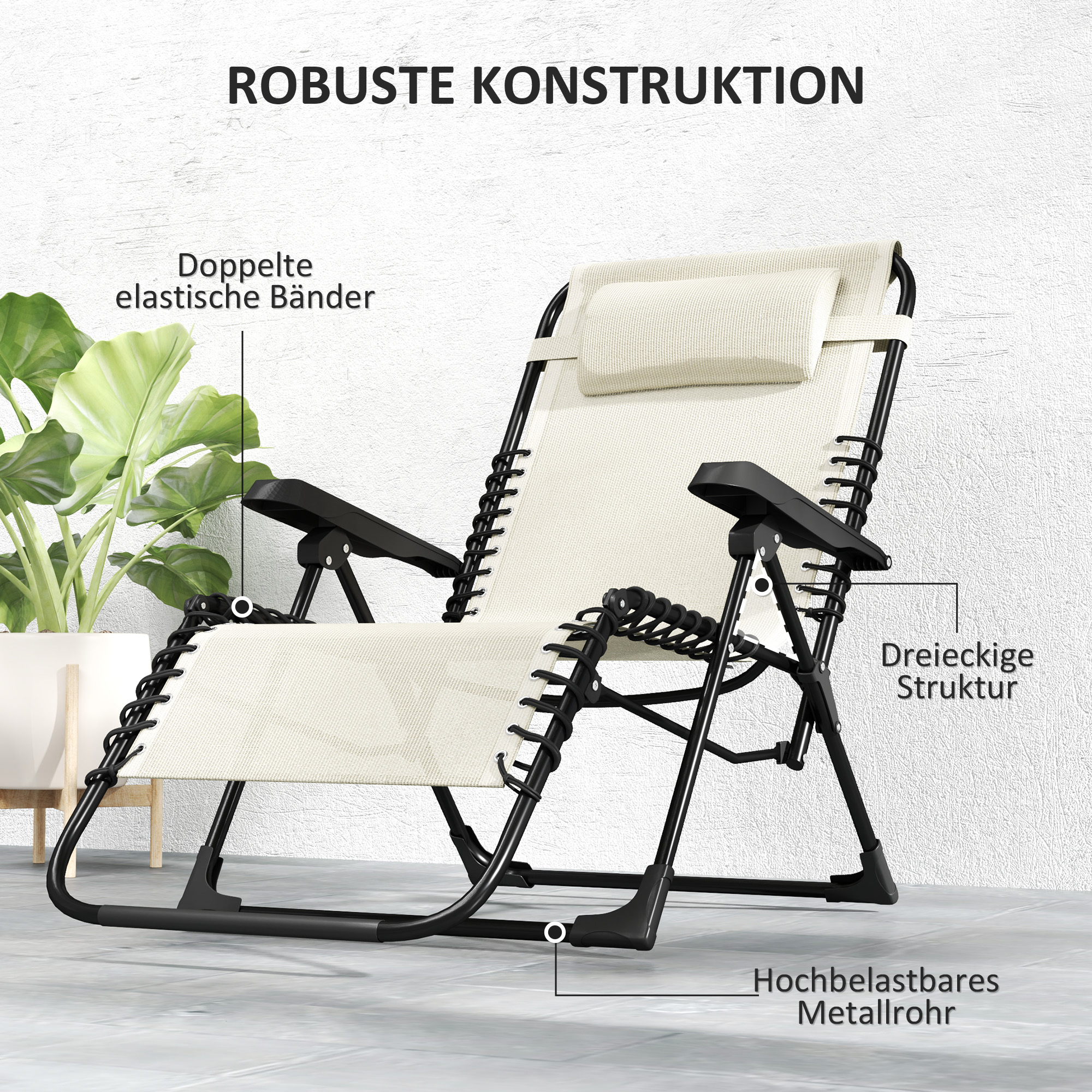 Sonnenliege klappbar Gartenliege mit Kopfkissen, 5-Fach verstellbare Rückenlehne bis 120 kg belastbar Beige