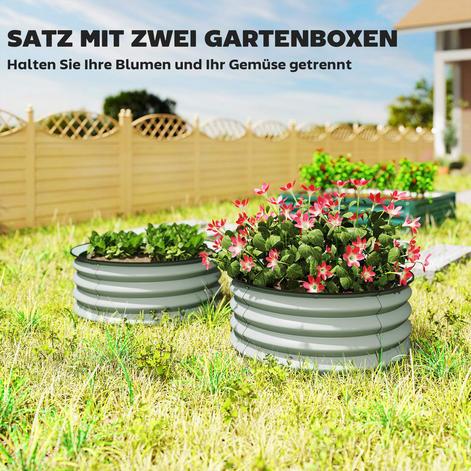 2er-Set Verzinkte Pflanzkübel, Ø60 x 30H cm Blumentöpfe mit offenem Boden für verschiedene Pflanzen, Grün