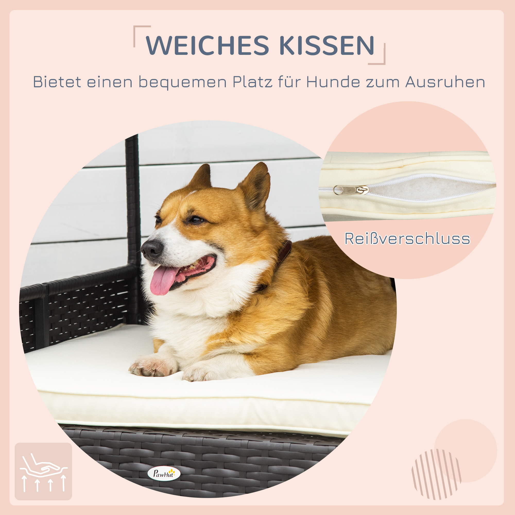 Rattan Hundeliege Outdoor mit Dach, erhöhtes Hundebett für kleine und mittelgroße Hunde, Kühlendes Haustierliege mit Metallrahmen, Kissen für Draußen, 69 x 98 x 70 cm, Kaffee-Braun
