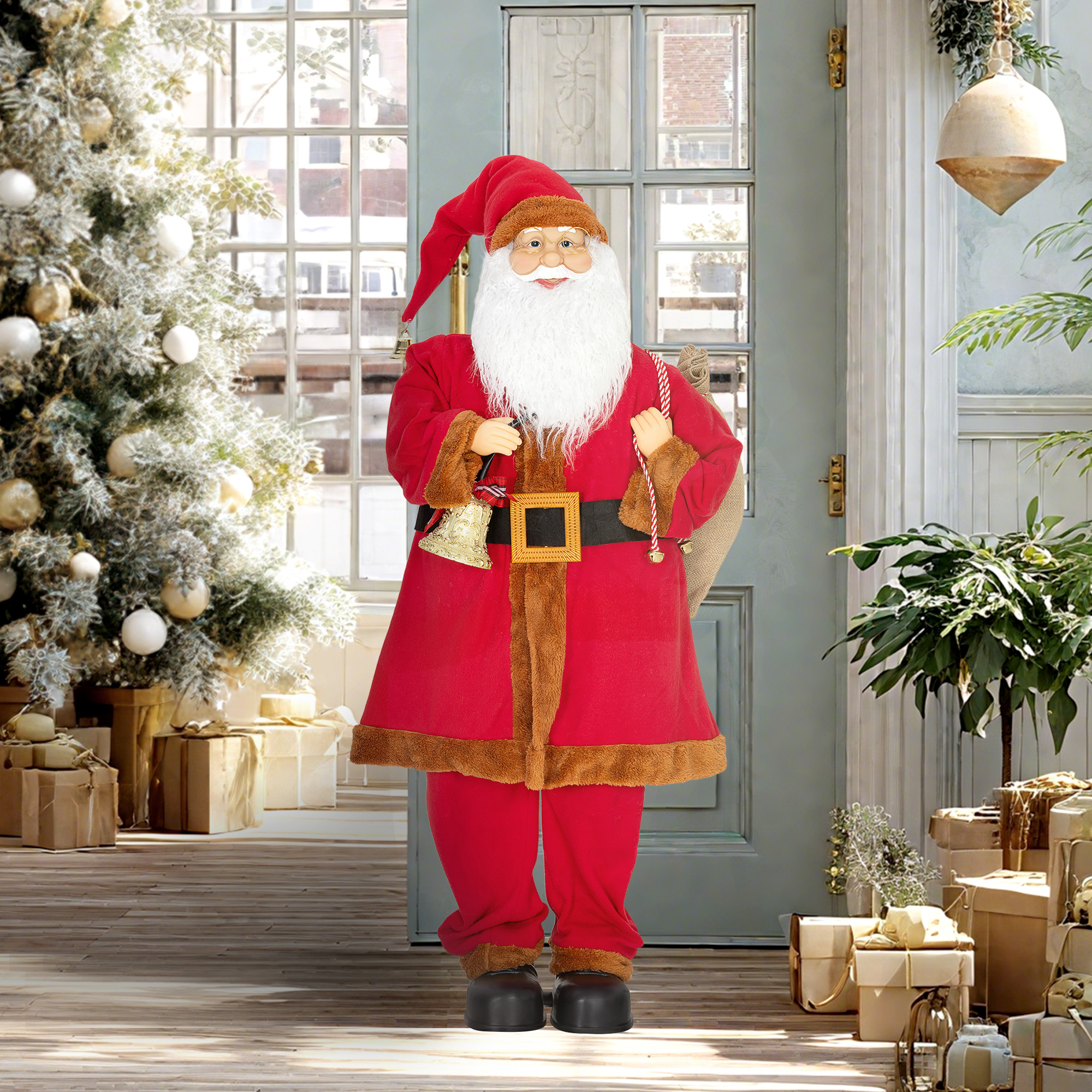 Weihnachtsmann 120 cm Nikolaus Figur mit Beweglichem Kopf und Armen, Glocke und Sack, Geräusch- und Berührungssensor