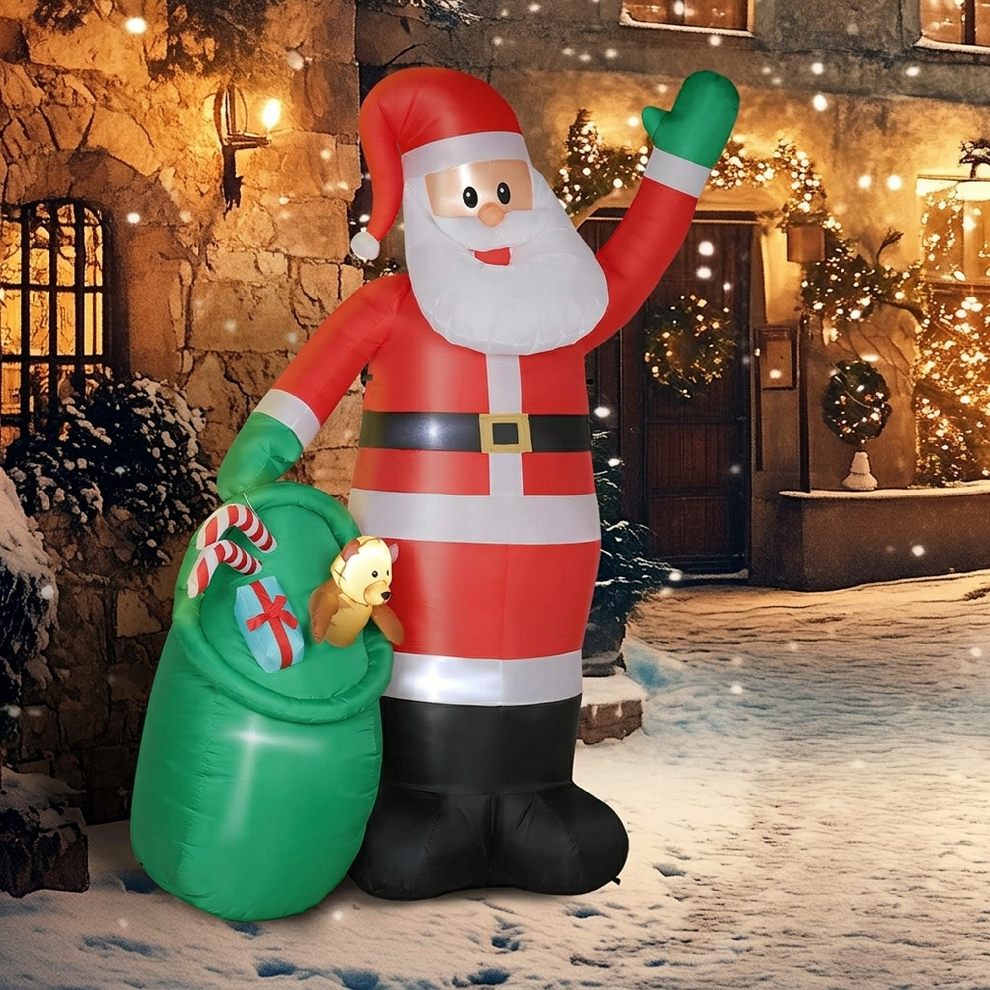 aufblasbarer Weihnachtsmann, 275 cm, mit Sack und Bär, Weihnachtsdeko mit integrierten LED-Lichtern