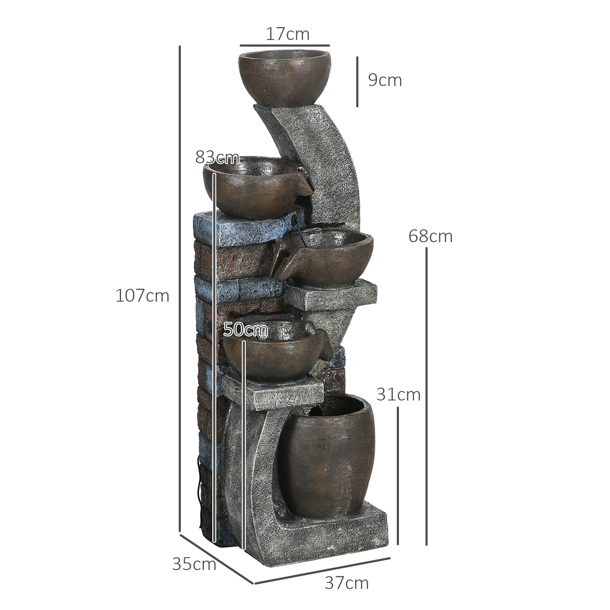 Gartenbrunnen, Backsteinoptik, 5-stufig, Solarbetrieb, LEDs, 107cm, Kunstharz, Grau/Braun