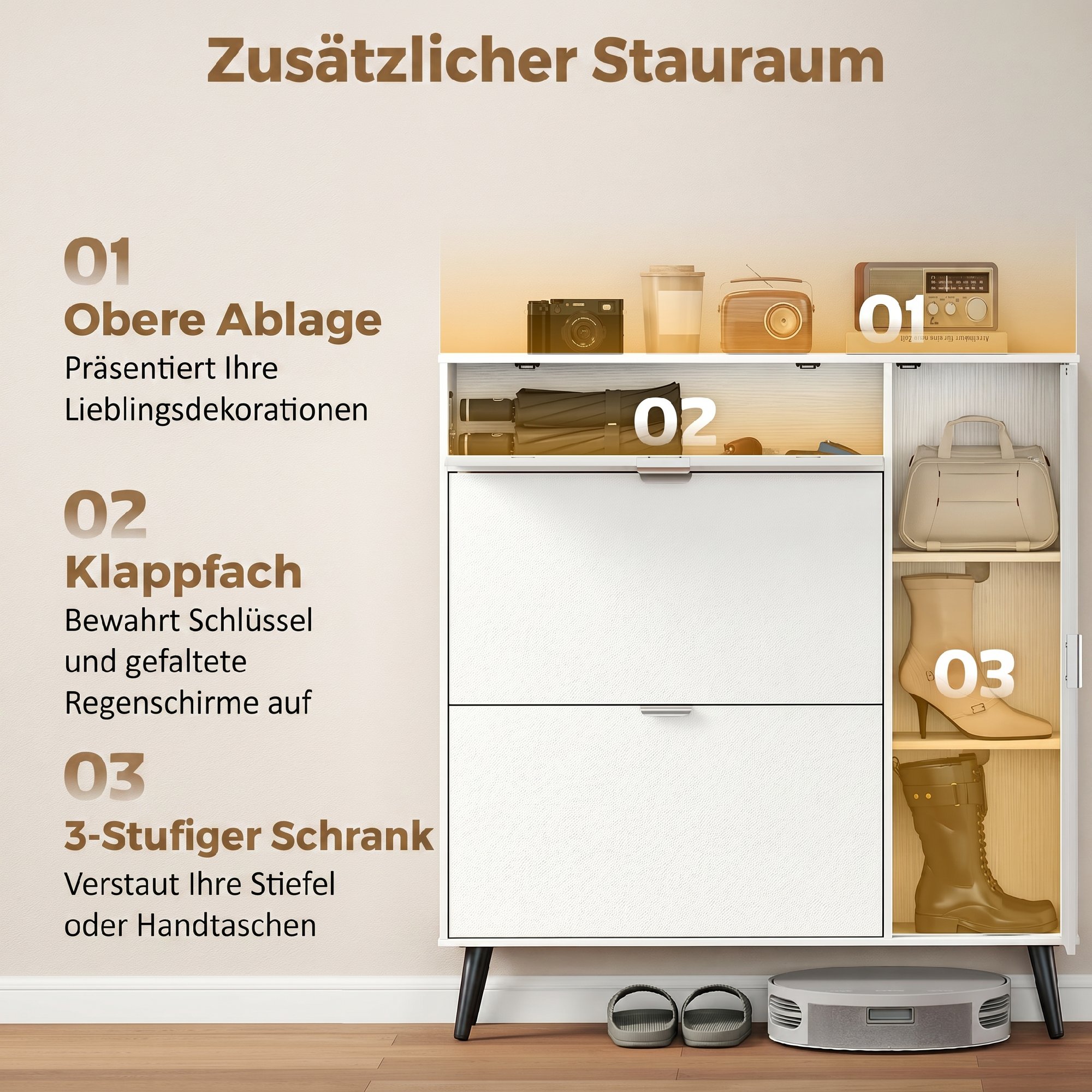 Schmaler Schuhschrank mit 2 Klappfächern, Schuhschrank mit Lychee-Leder-Türen und verstellbaren Regalböden, Weiß