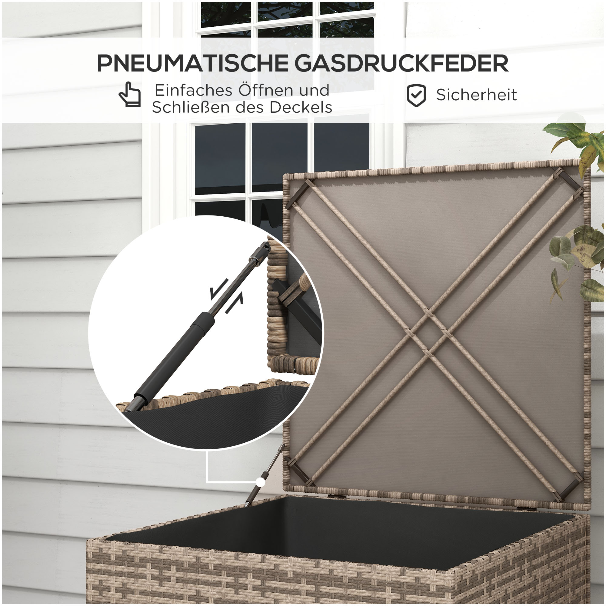 Polyrattan Auflagenbox, Stoff-Innenauskleidung, leichtes Öffnen/Schließen, Metallrahmen, 75B x 75T x 70H cm, Schwarz