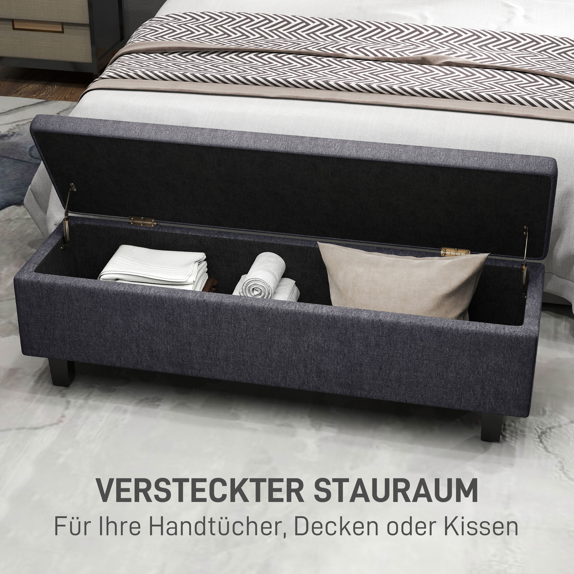 Stauraum-Polsterbank in Leinenoptik, mit Kautschukholzbeinen, für Wohnzimmer, Schlafzimmer, Flur, Dunkelgrau