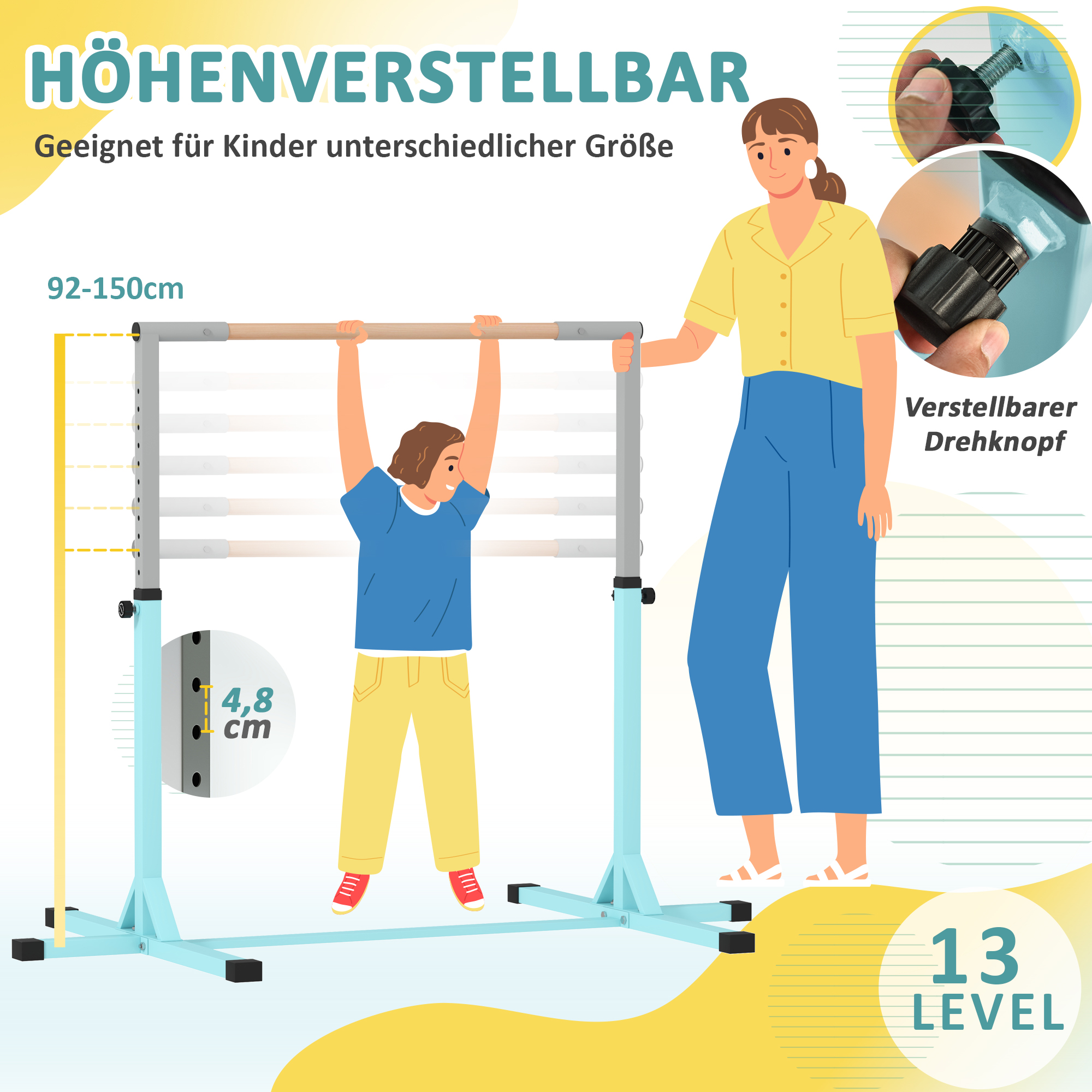 Gymnastik-Turnreck, Reckstange, 13-stufig höhenverstellbar, bis 75 kg belastbar, Stahl, Buchenholz, Hellblau