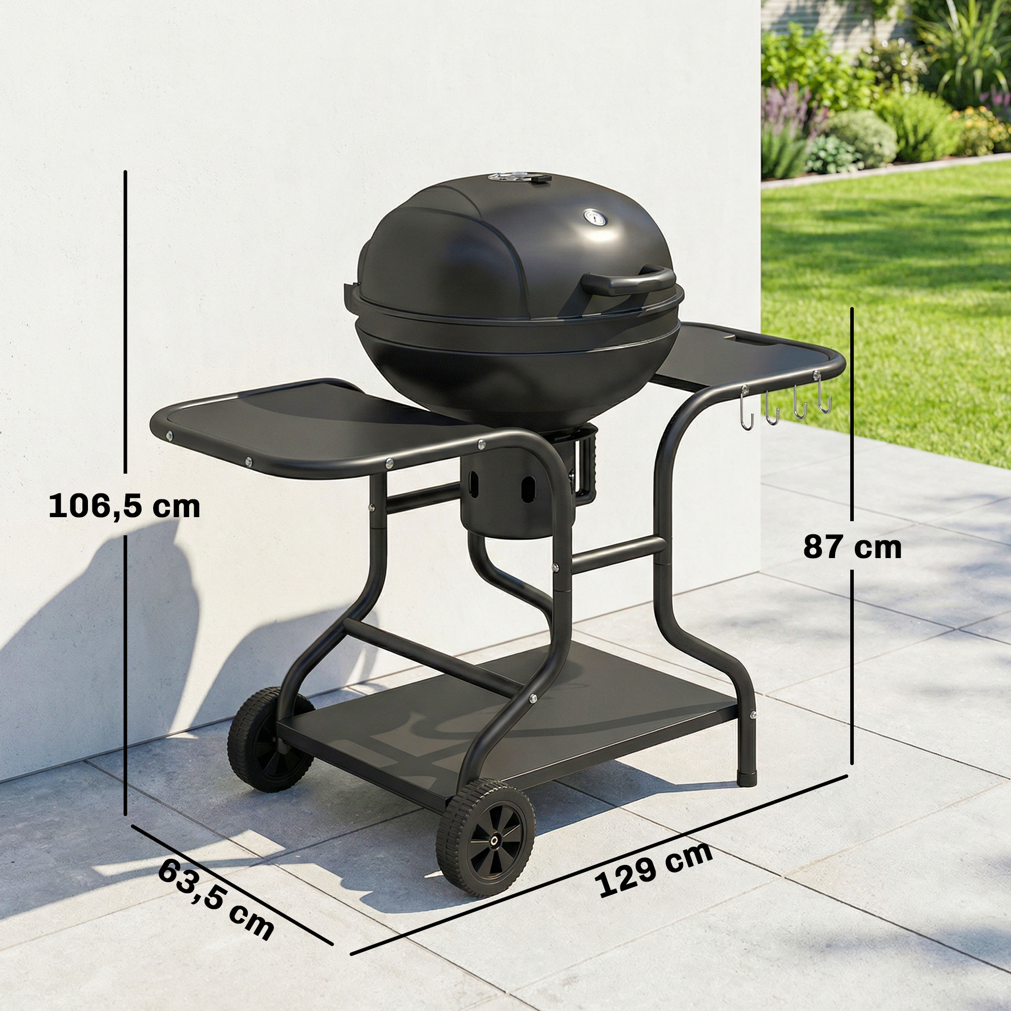 Holzkohlegrill BBQ Smoker mit Seitentischen Deckel Thermometer Räder 129 x 63,5 x 106,5 cm