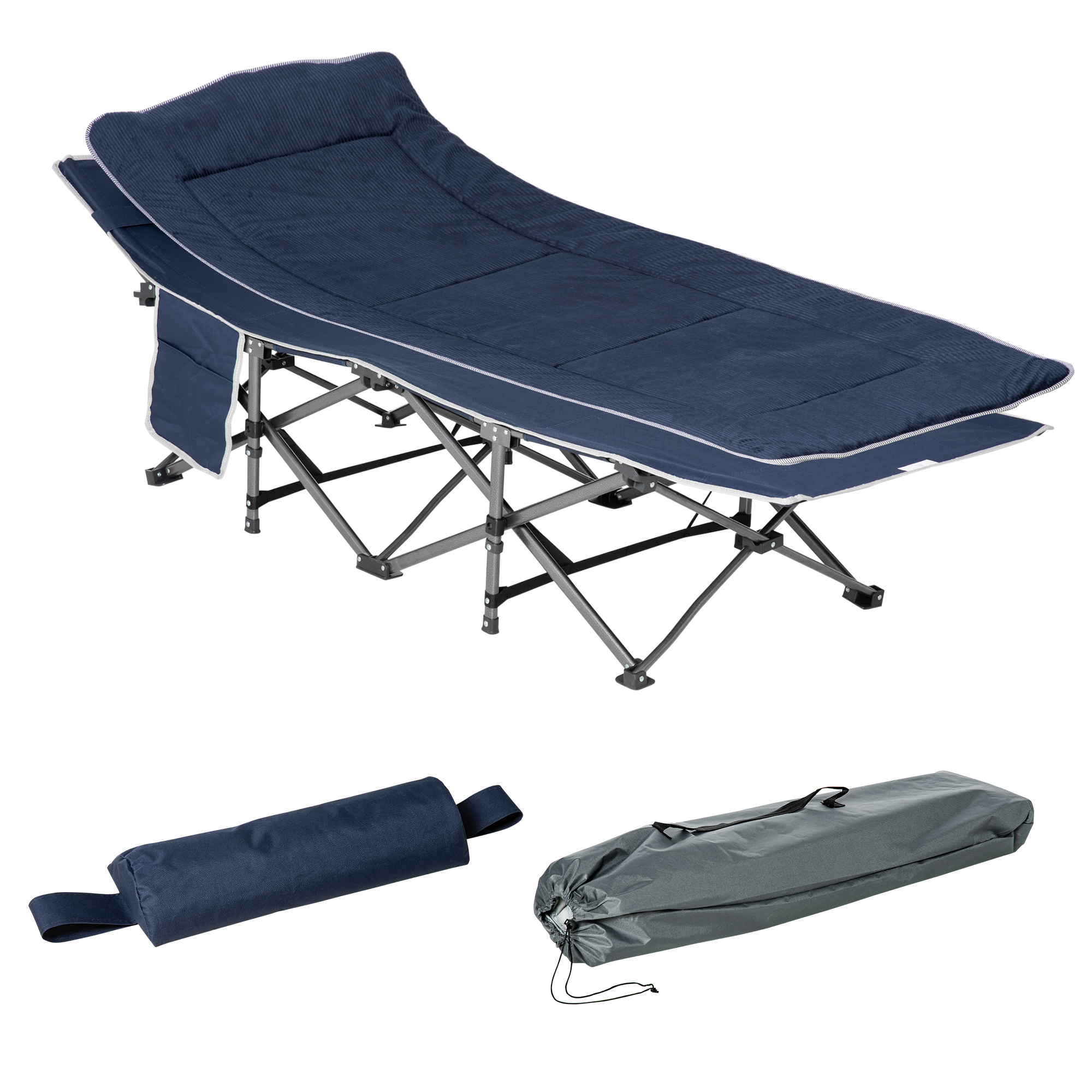 Campingbett, klappbares Feldbett mit Kopfkissen, 188 x 64,5 x 53 cm, Dunkelblau