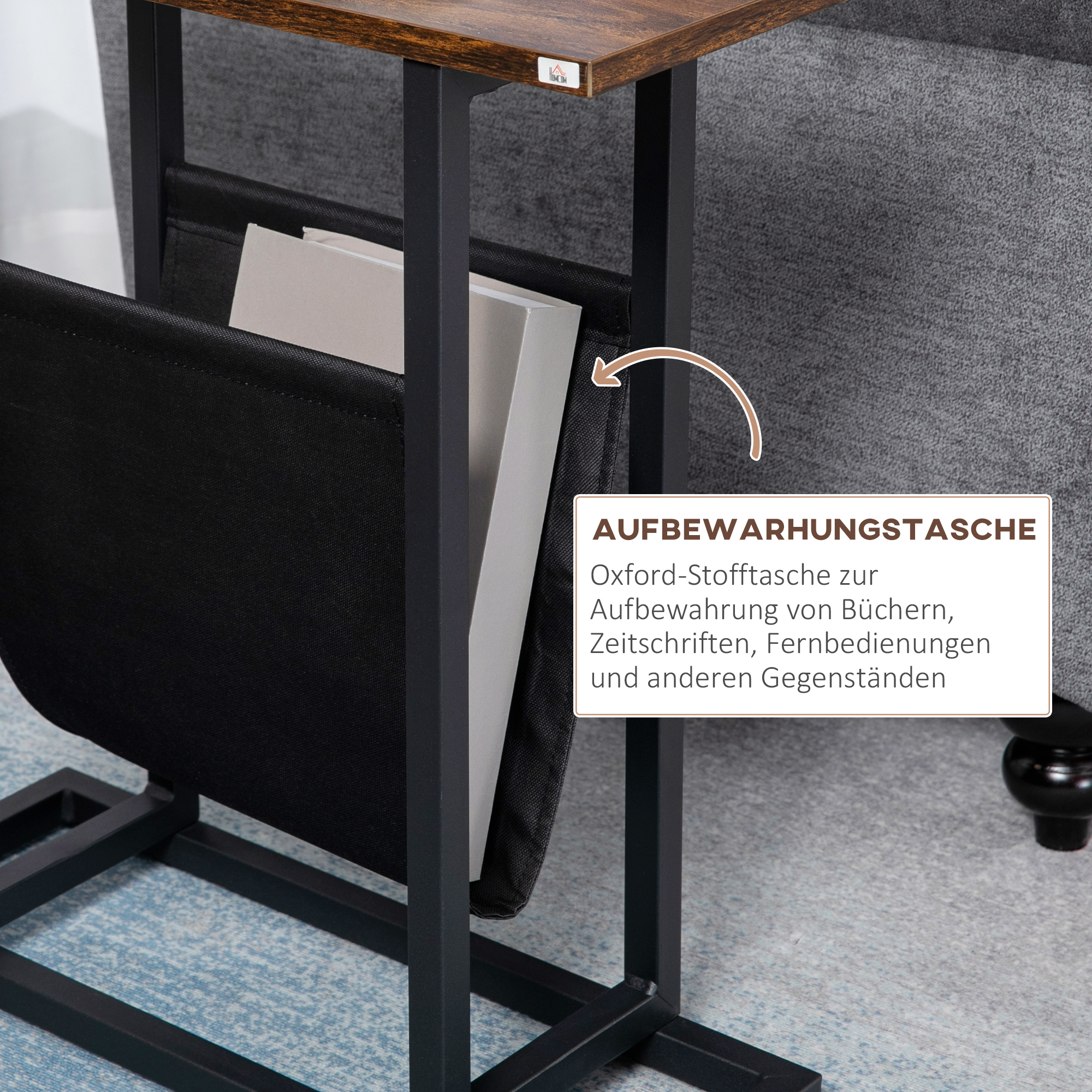Beistelltisch, Nachttisch, schmales Design, mit Stofftasche, Stahl, dunkelbraun+schwarz, 49 x 19 x 55cm