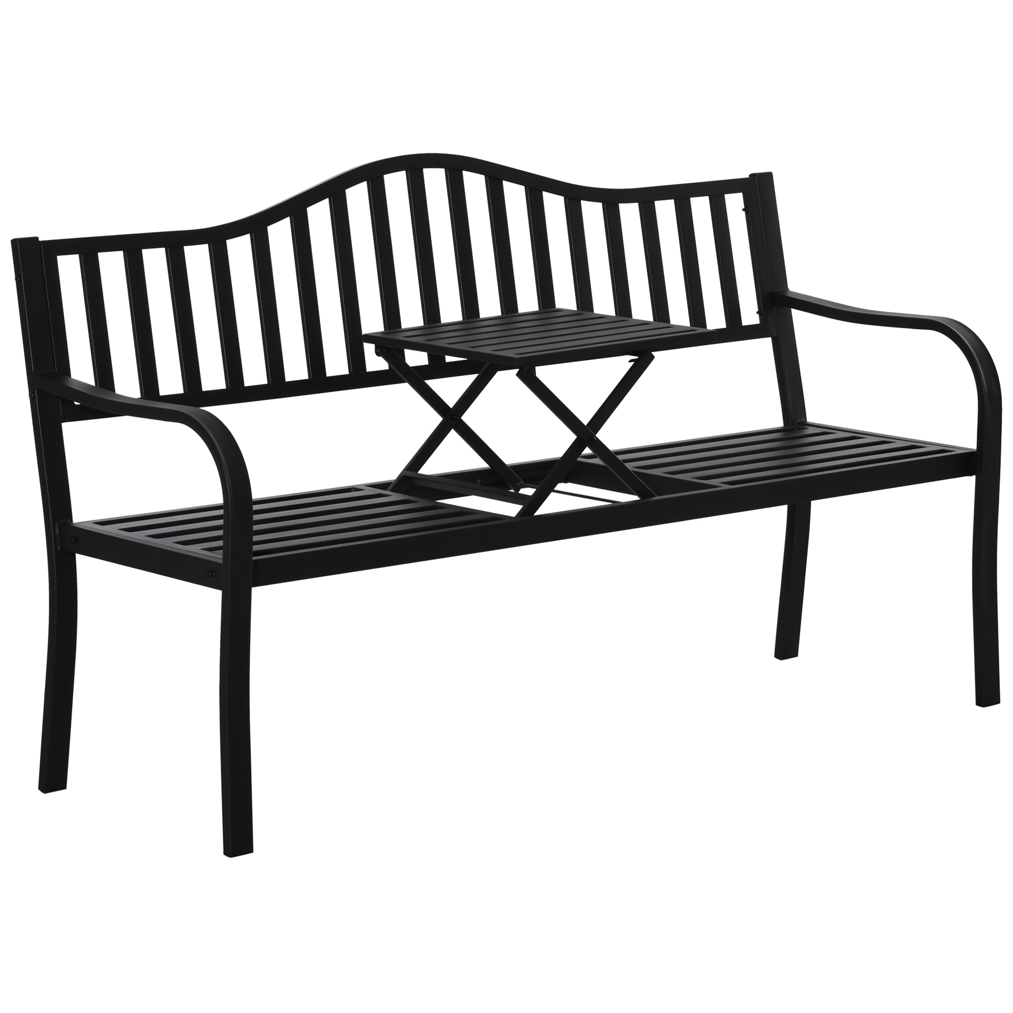 2-Sitzer Gartenbank robust Parkbank mit ausziehbarem Tisch Sitzbank Bank 240kg belastbar Terrassenbank mit Rücken- & Armlehnen Gartenmöbel für Terrasse, Garten 150 x 58,5 x 90 cm Schwarz