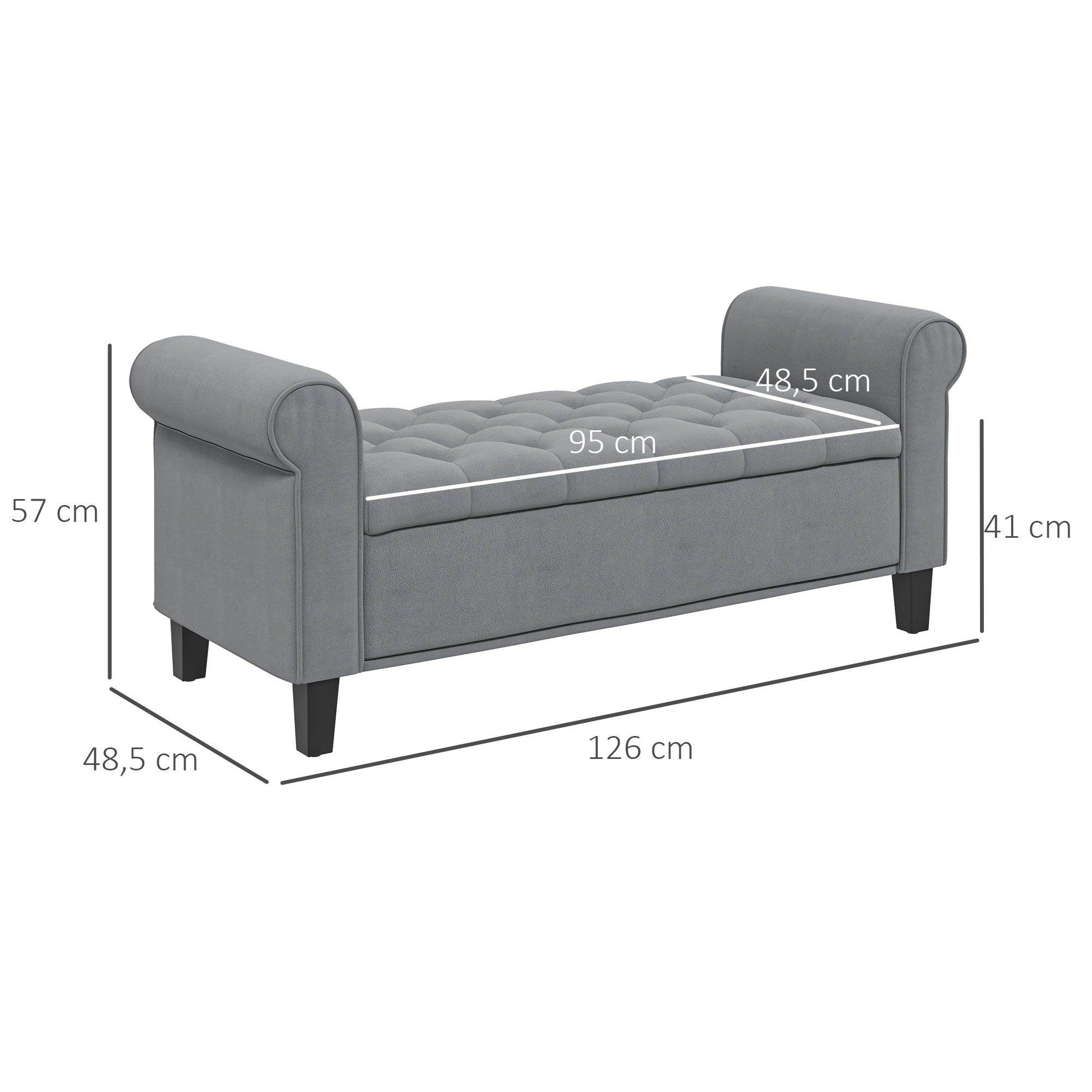 Sitzbank Polsterbank Bettbank, Knopfheftung, Samtoptik, 126 cm x 48,5 cm x 57 cm, Grau