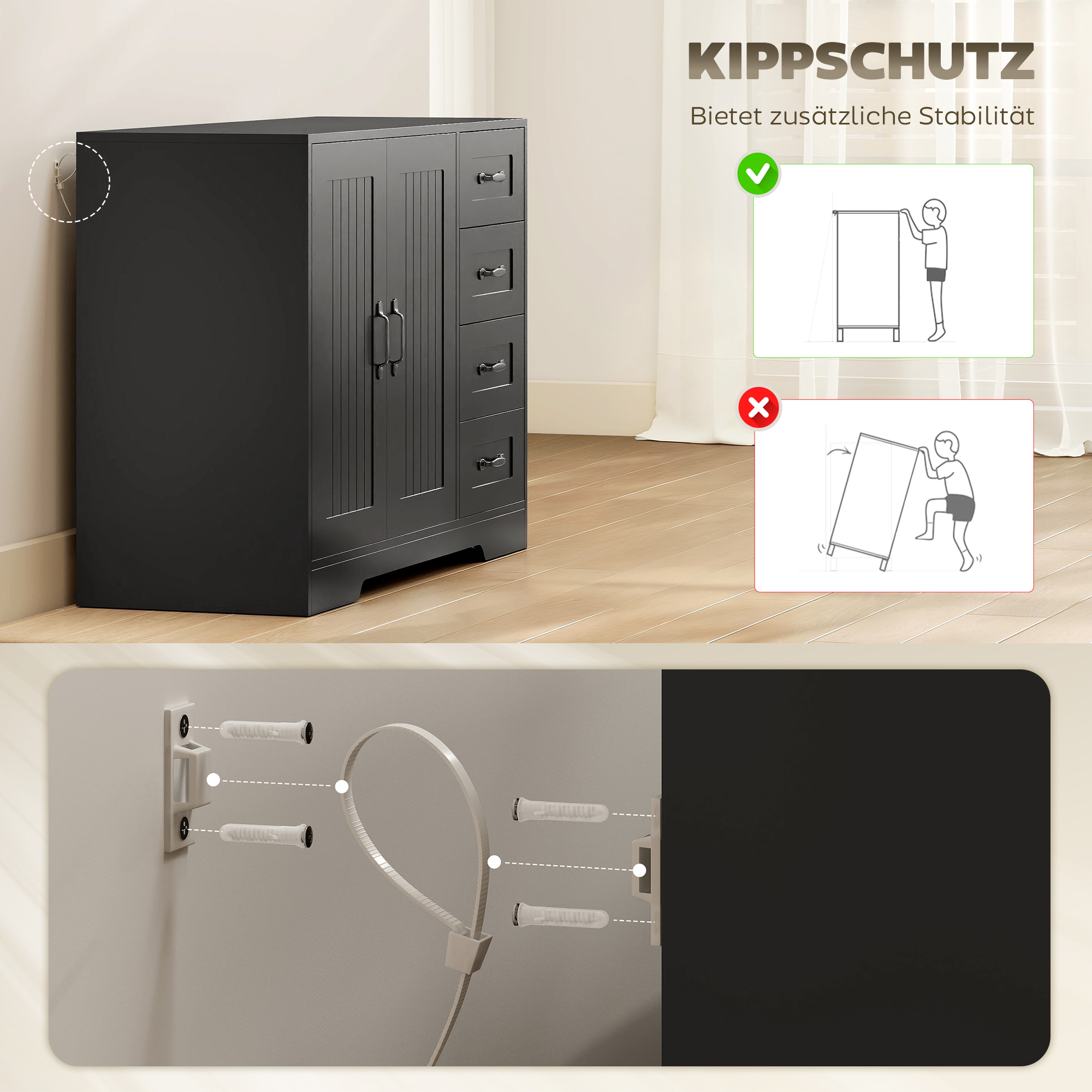 Sideboard, Kommode, moderner Stil, 4 Schubladen, 1 Schrank, 105 x 40 x 76 cm, Schwarz