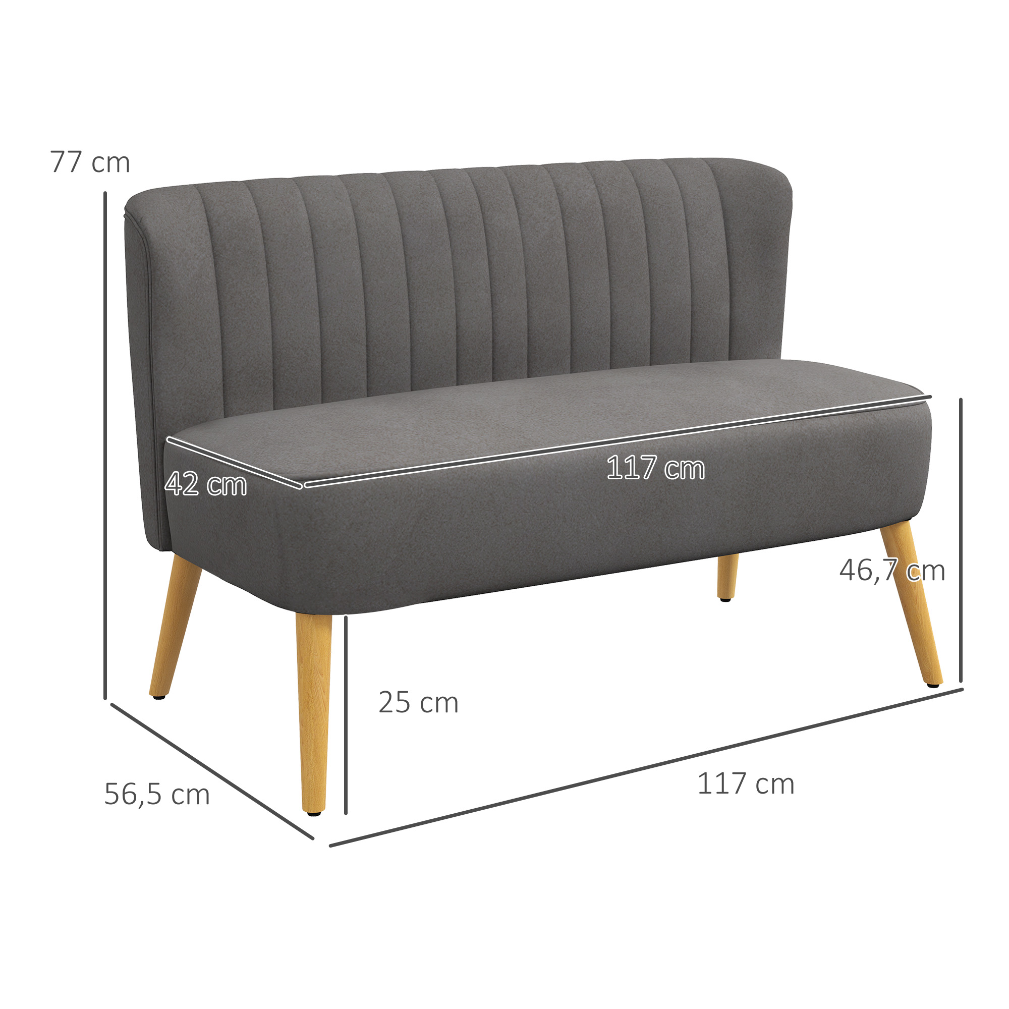 Sofa Retrodesign 2-Sitzer-Sofa, Holzbeine, 117 cm x 56,5 cm x 77 cm, Dunkelgrau