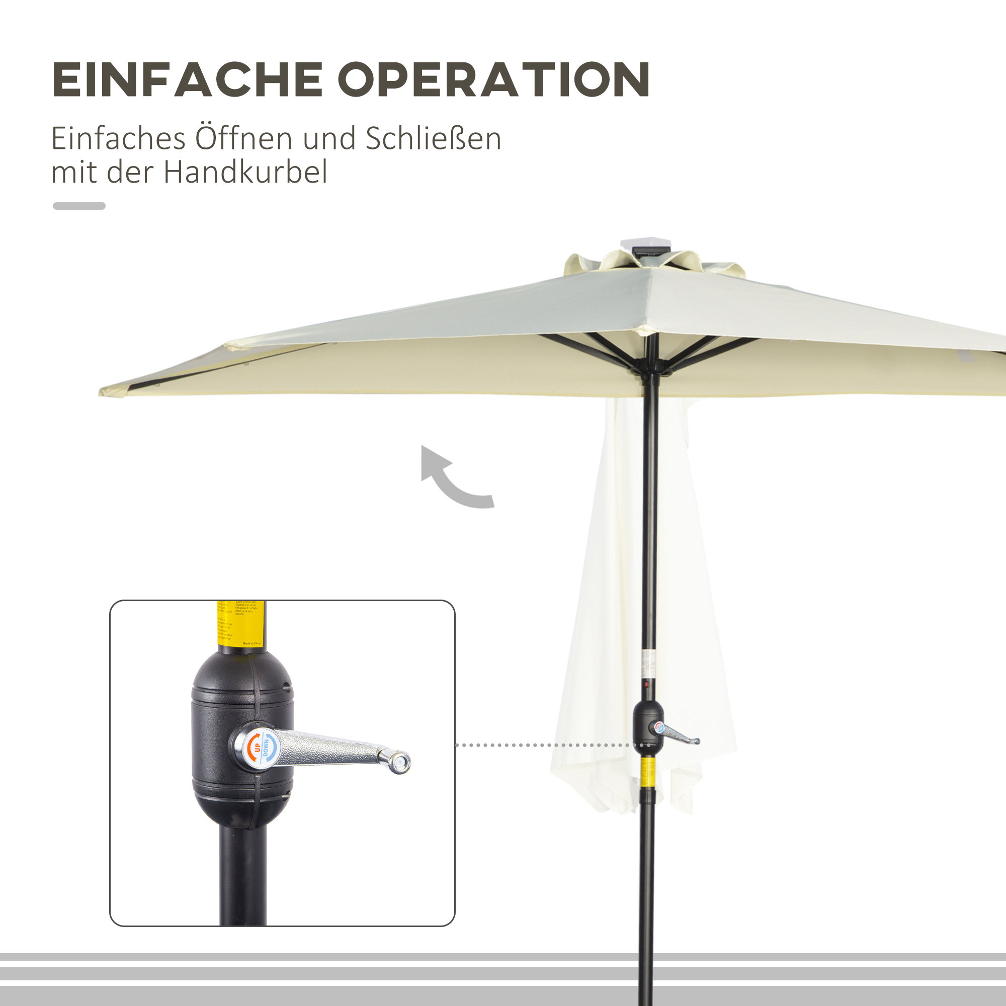 Sonnenschirm, Terrassenschirm, halbrund, mit Solarpaneel, 20 LEDs, Handkurbel, beige, 2,70 x 1,35 x 2,40 m