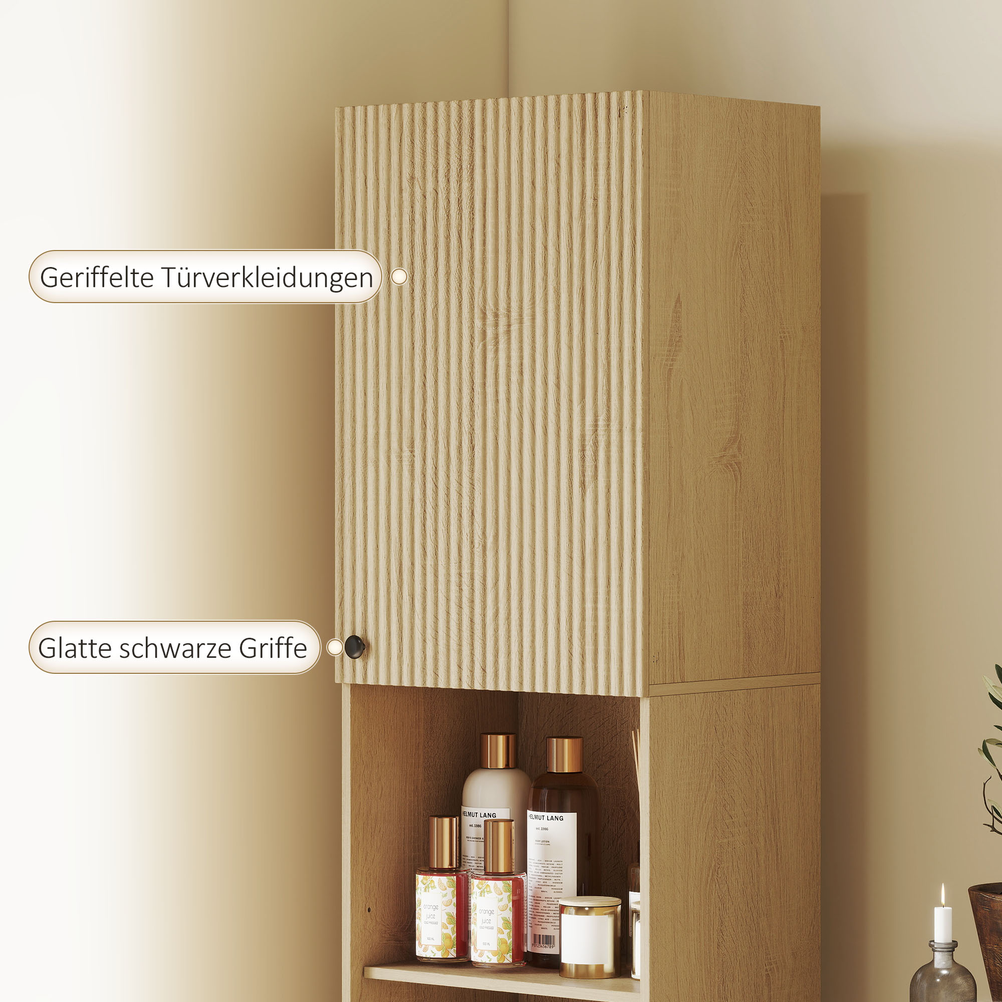 hoher Badezimmerschrank, 6 Ebenen, 2 Schränke, 2 offene Regale, offene Fächer, Holz, Eichenfarben