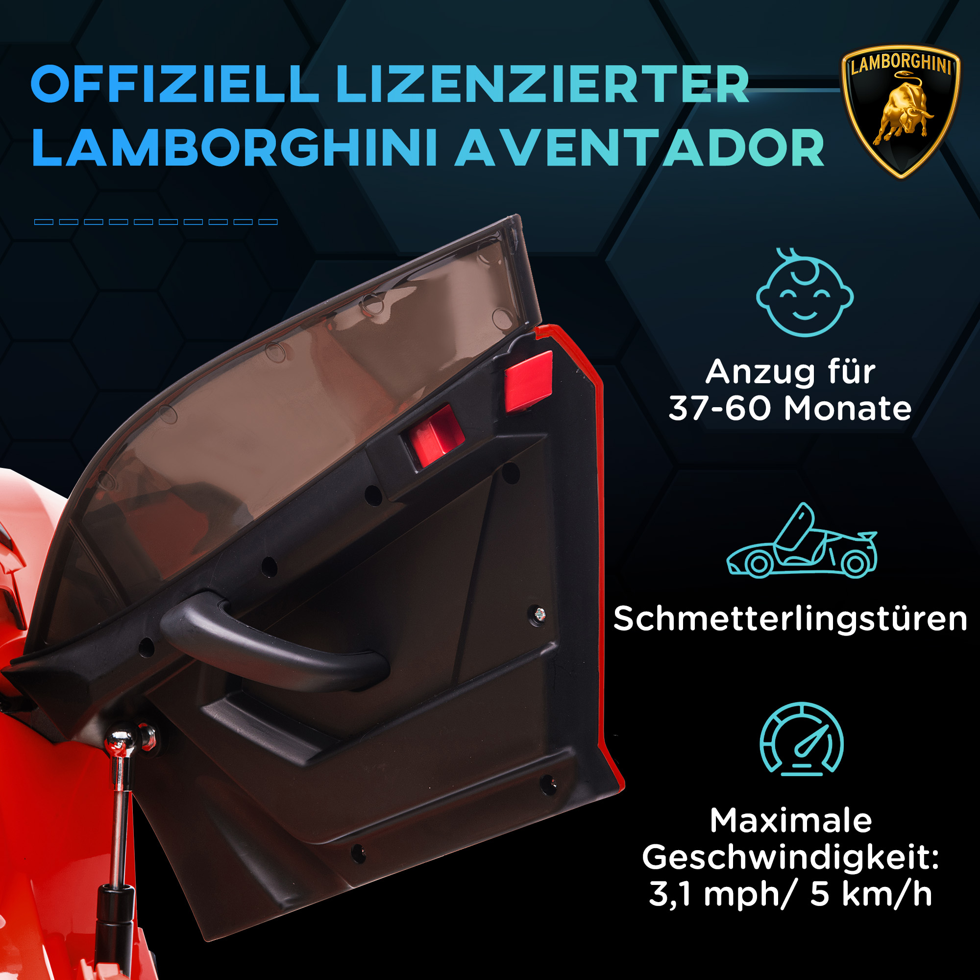 Elektro-Kinderauto, lizenzierter Lamborghini Aventador, Flügeltüren, Musik, Hupe, für 3-5 Jahre, rot
