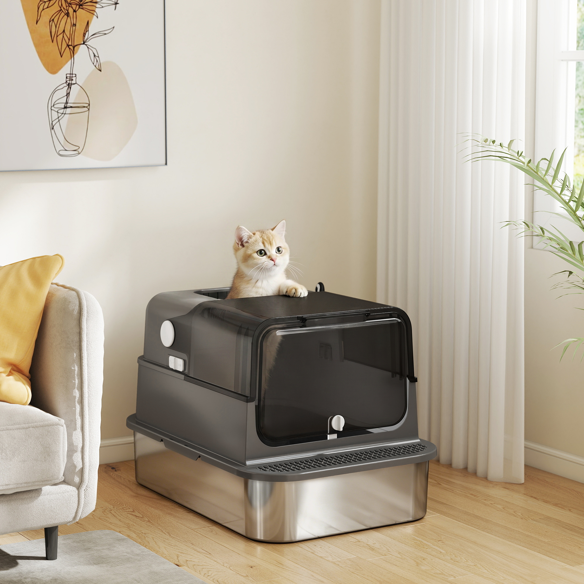 Katzenklo Edelstahl mit Deckel XXL 72L für große Katzen und Mehrere Katzen mit Doppeltüren Schaufel Pedal Anti-Leck