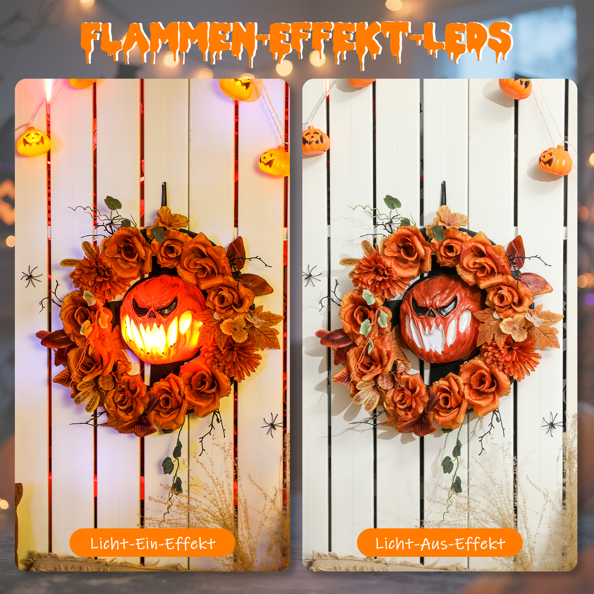 Halloween-Kranz, Grusel-Kürbis-Design, Herbstblätter, Lichteffekte, Kunststoff Halloween-Kranz, Grusel-Kürbis-Design, Herbstblätter, Lichteffekte, Kunststoff