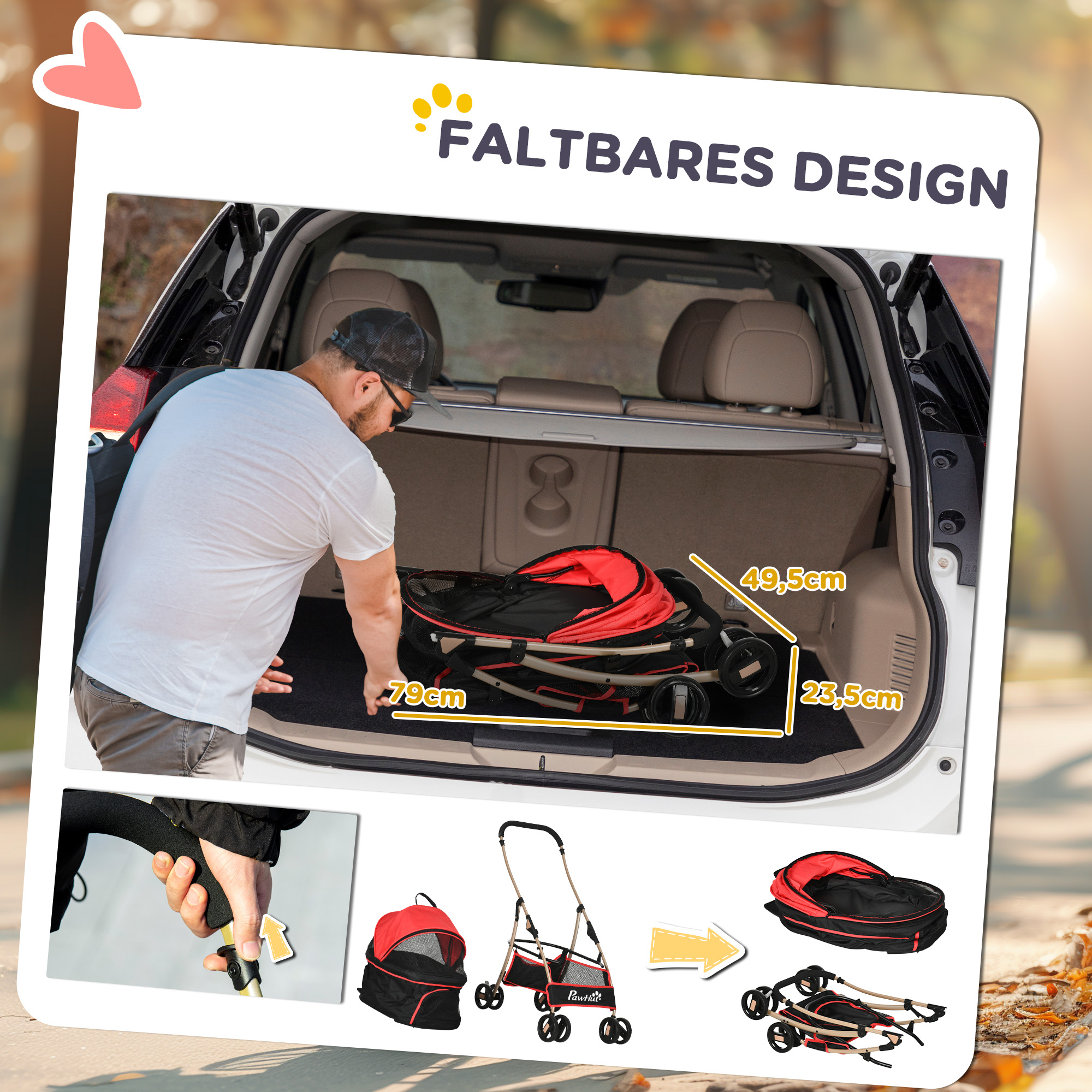 2-in-1 Hundebuggy Tragtasche Autositz bis 10kg klappbar Bodenkorb 82 cm x 49,5 cm x 98 cm Rot