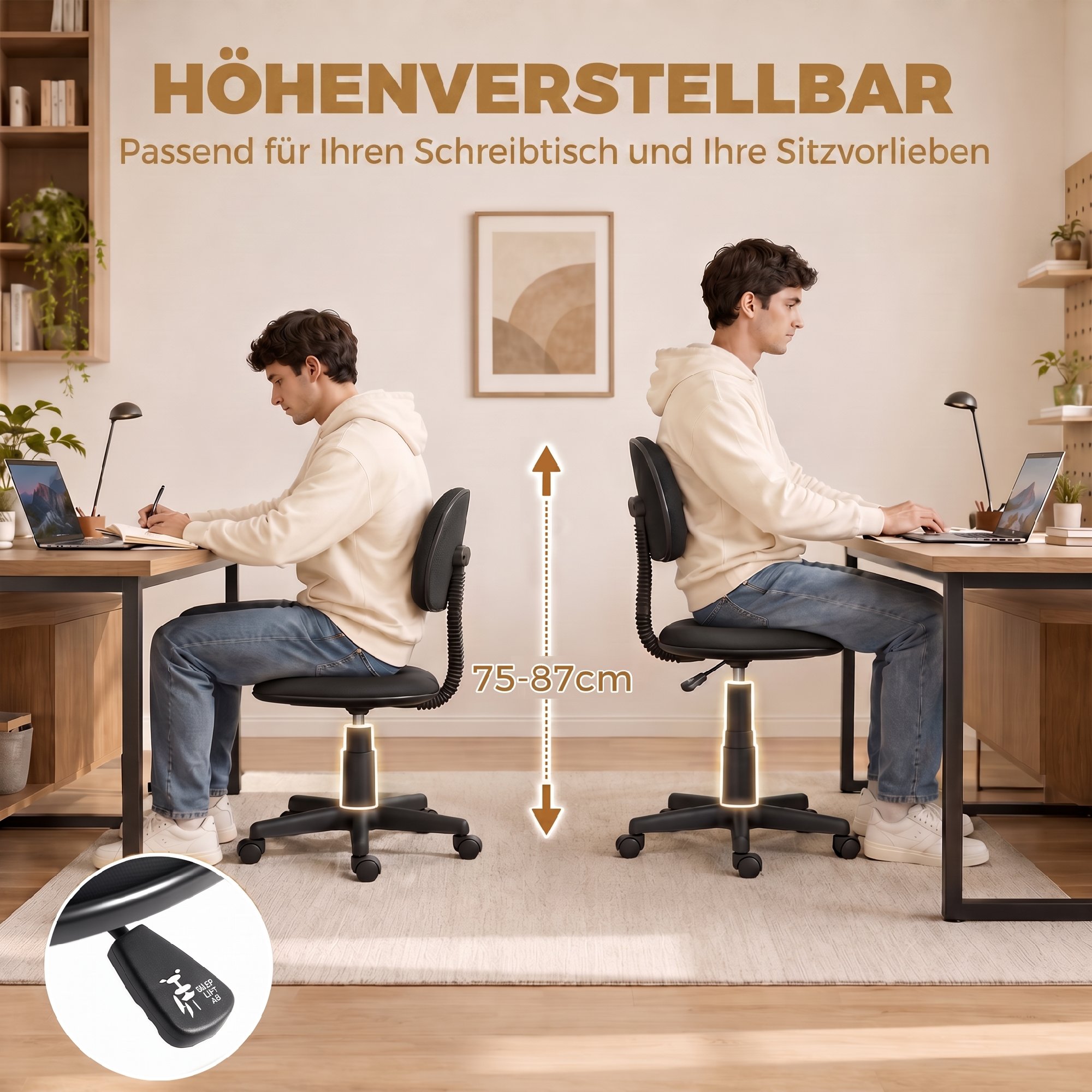 Schreibtischstuhl ohne Armlehnen, höhenverstellbar, mit 360°-Drehrollen, niedrige Rückenlehne, Schwarz