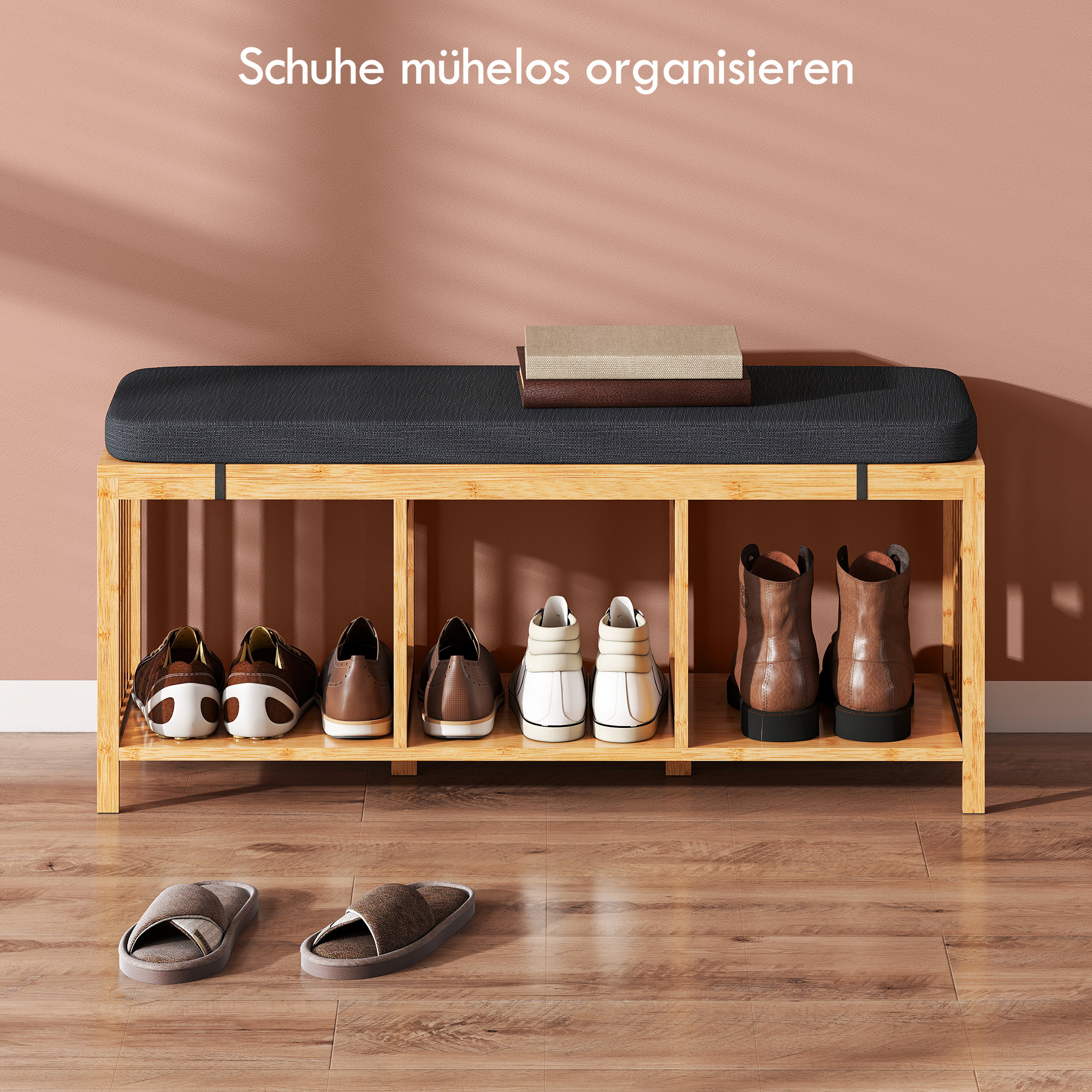 Bambus-Schuhbank, Flurbank mit gepolstertem Sitzkissen und offener Ablage, Naturholz-Optik