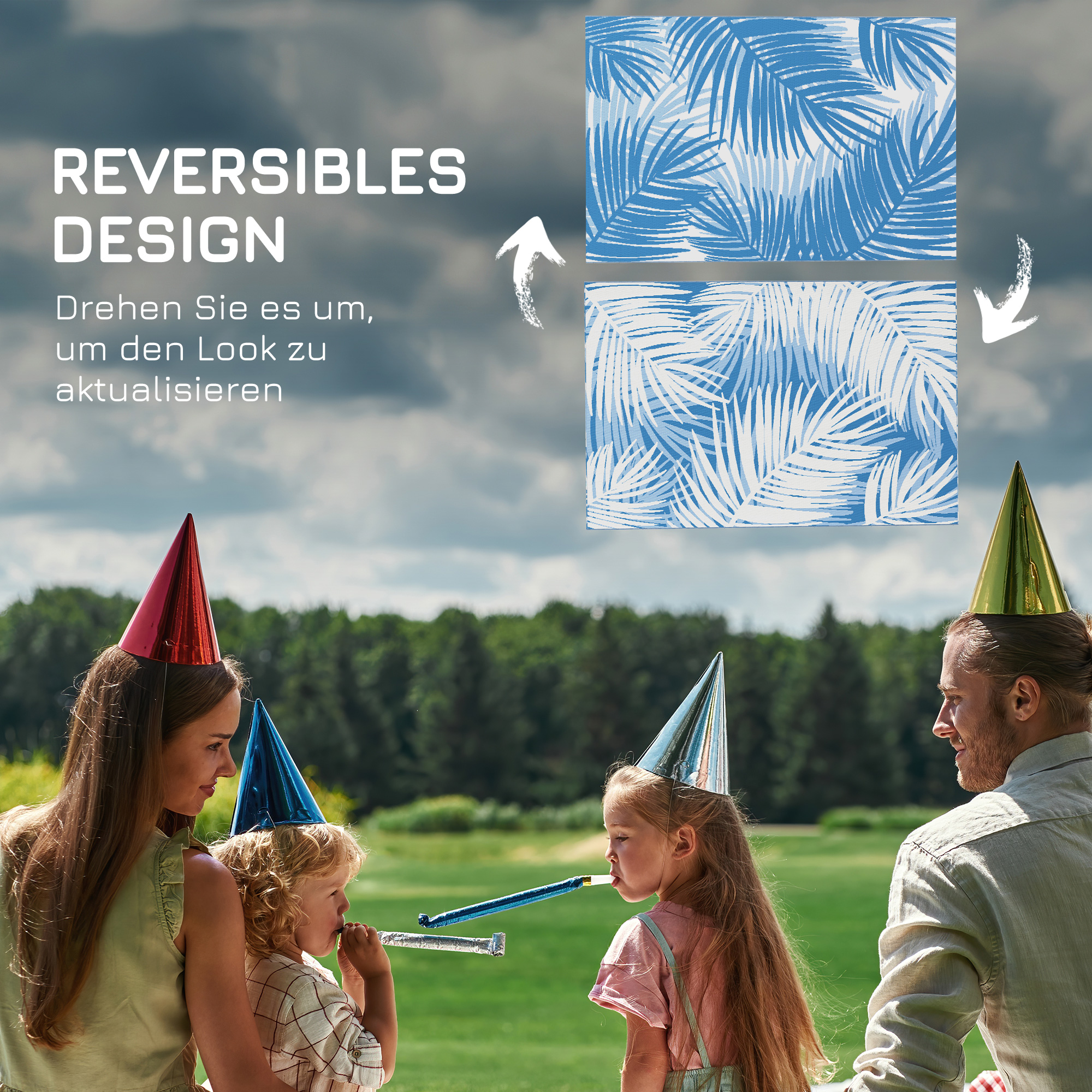 Outdoor Wendeteppich, wasserfest, Blattmuster, 182x274cm, Blau/Creme