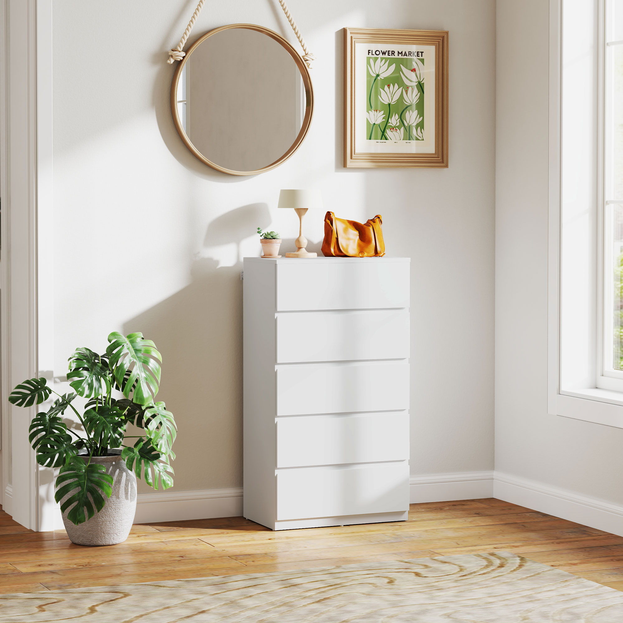 Kommode Sideboard Schubladenkommode, 5 Schubladen, 55 cm x 34 cm x 100 cm, Weiß